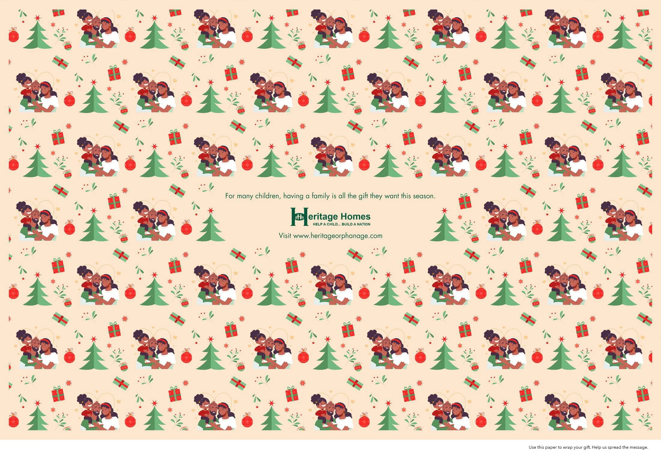 Pattern with illustrations of diverse families, Christmas trees, gift boxes, ornaments, stars, and holly leaves, with a message promoting family and holiday spirit by Heritage Homes.