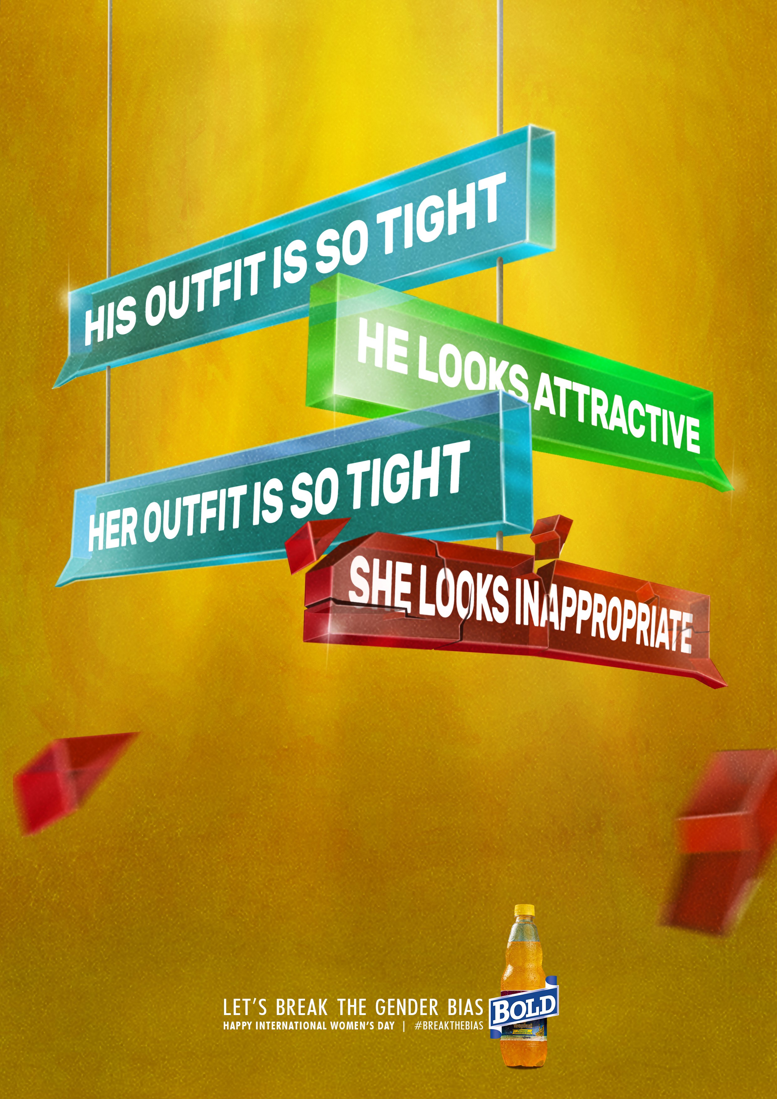 A digital illustration showing colorful, 3D speech bubbles with messages about gender stereotypes, with a bottle of BOLD soda at the bottom right and text promoting gender equality and International Women's Day.