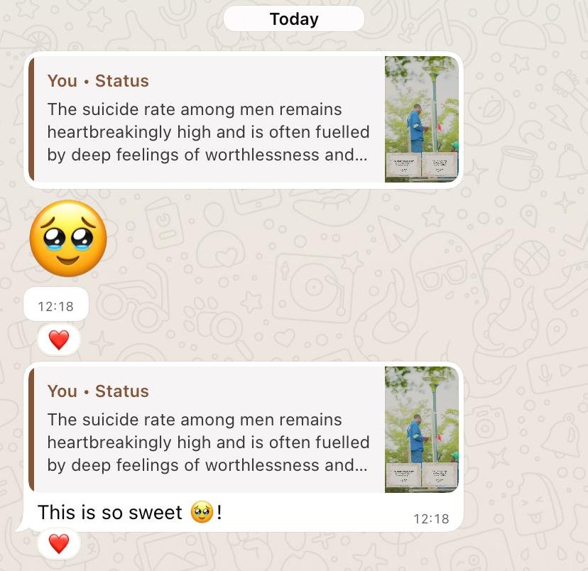 Screenshot of a WhatsApp conversation with text about mental health and images of a person in a blue jacket standing next to a lamp post in a park.