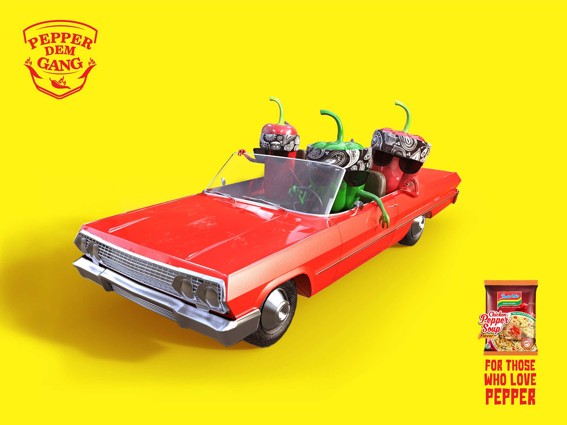 The image features a red vintage car with a yellow background. Inside the car, there are three anthropomorphic peppers wearing black bandanas and black sunglasses, one red, one green, and one pepper with green stems, giving the scene a playful and re