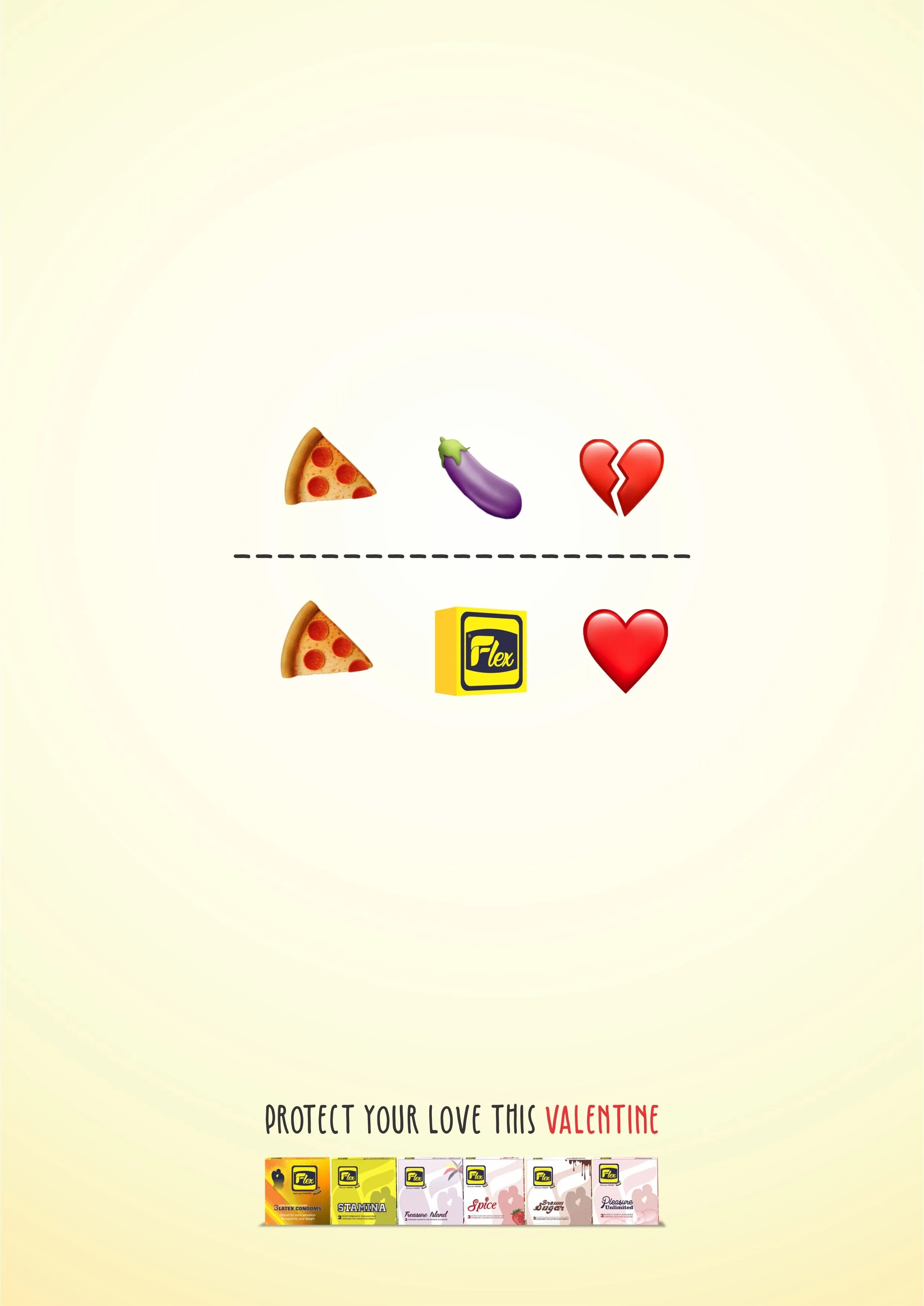 Valentine's Day advertisement promoting condom protection with images of pizza slices, eggplant, and broken heart emojis, along with various condom packages and the phrase 'Protect your love this Valentine'.