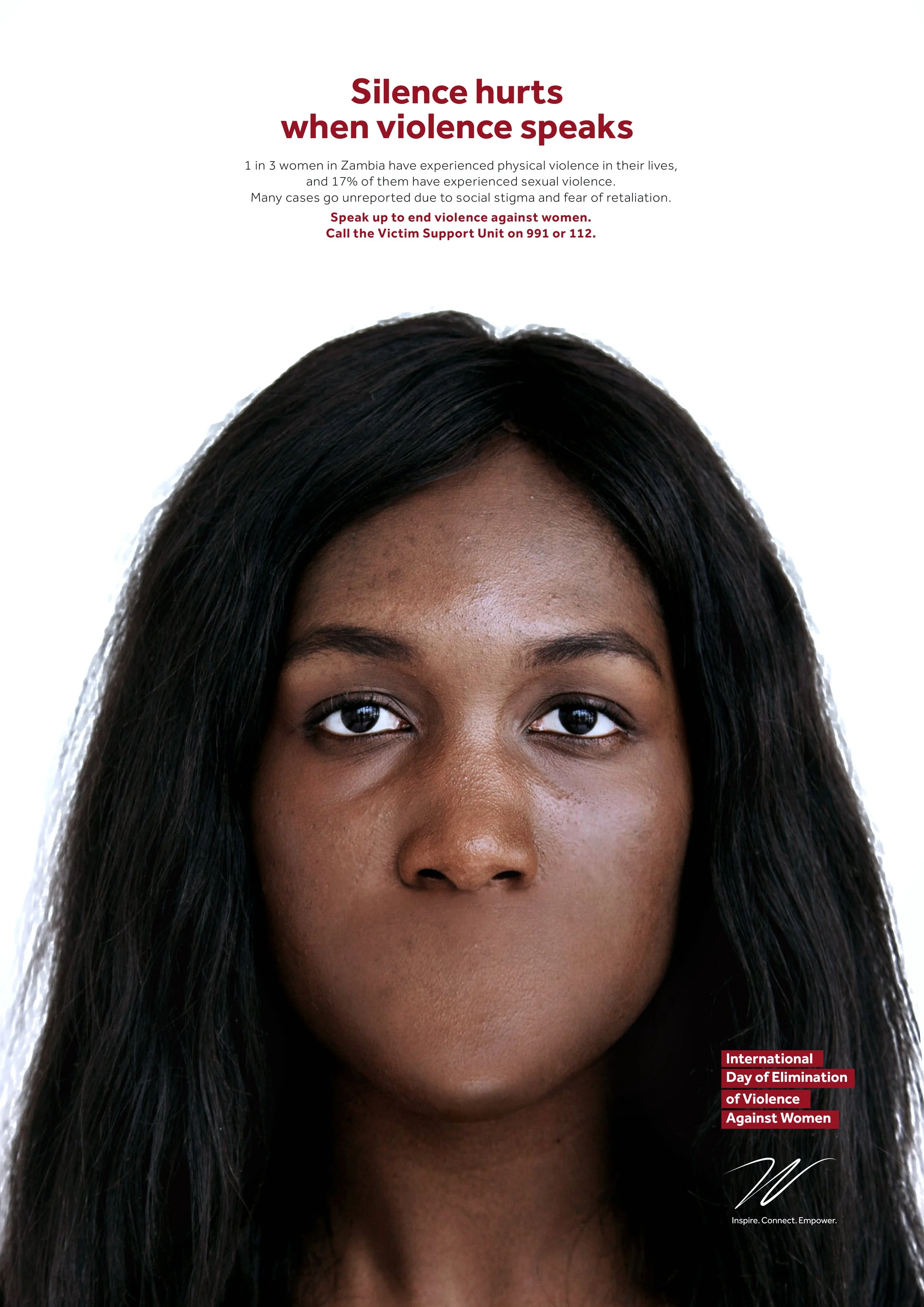 Close-up portrait of a woman with dark hair and brown skin, with text overlay promoting International Day of Elimination of Violence Against Women.