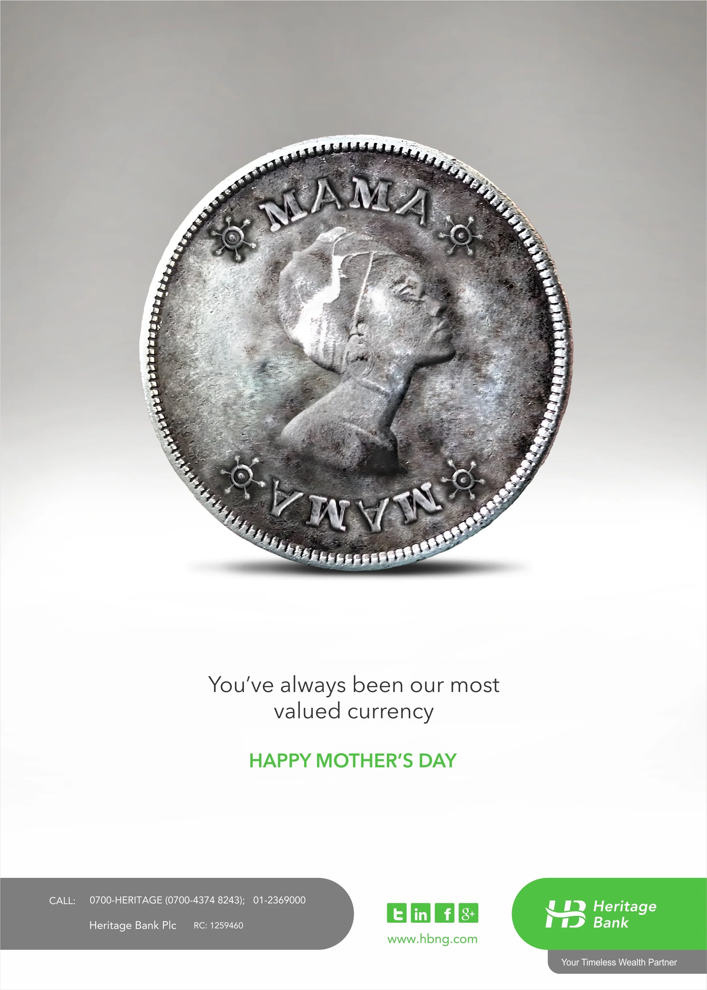 A close-up view of a vintage coin with the profile of a woman wearing a headscarf, engraved with the words 'MAMA' and 'MALAYA'. The background of the coin appears aged and metallic. Below the coin, there is text that reads, 'You've always been our mo