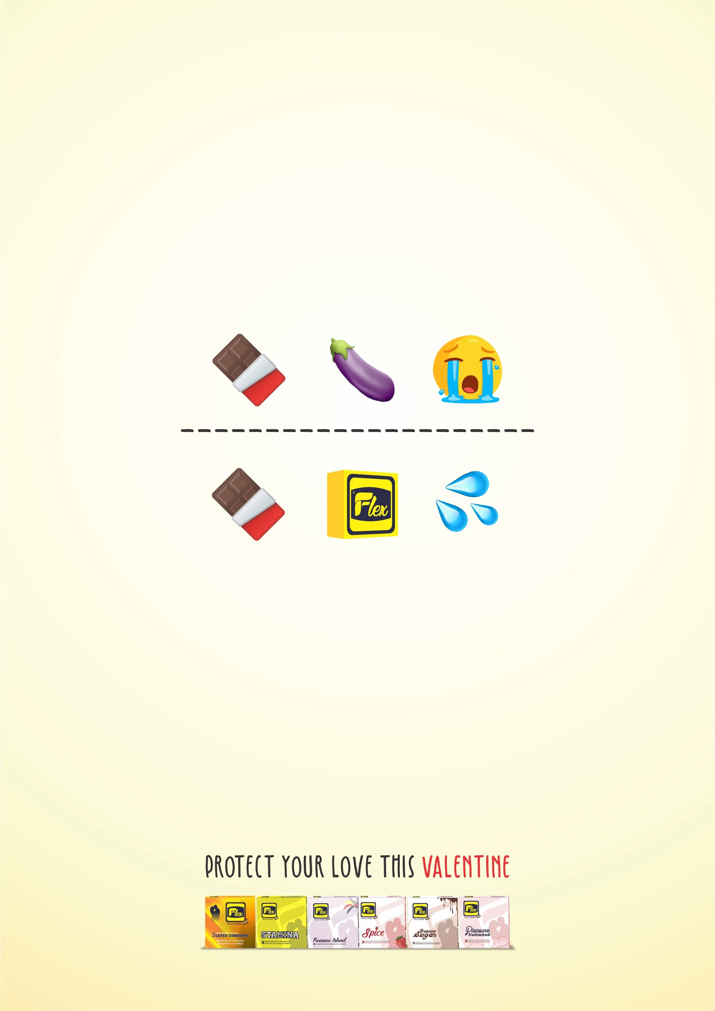 Promotional image urging to protect love this Valentine's Day with various types of condoms and lubricants on display.