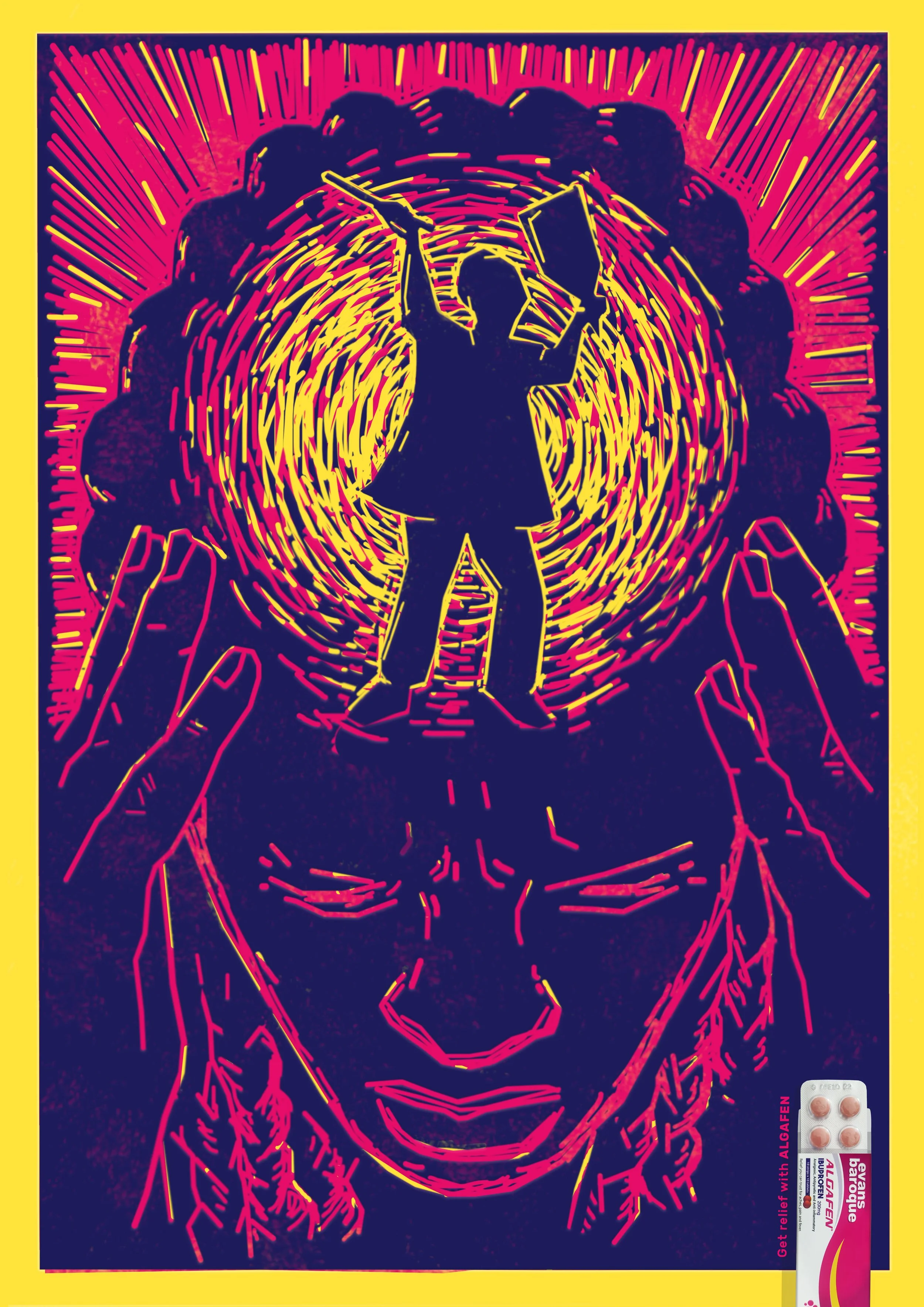 A neon-colored illustration of a tiger with a woman in an outline style, holding a shield and a sword, in front of a circular pattern with radiating lines. The image has a yellow border with sticker-like elements, including a blister pack of pills at the bottom right and text about relief with ALLEGA-FEN EVANS Baroben.