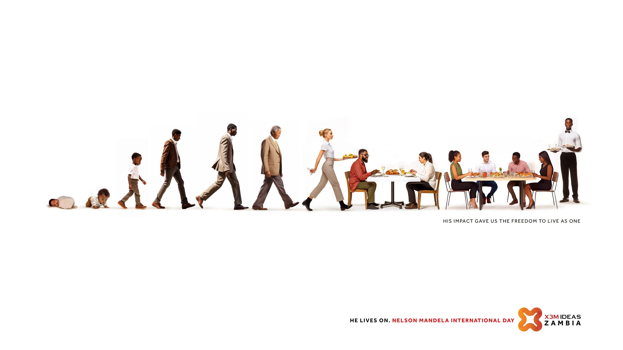 A visual representation of human evolution from infancy to old age culminating in a diverse group of people dining together, with a child lying on the floor, walking, and sitting at a table. The image symbolizes unity and progress, with the caption: 'His impact gave us the freedom to live as one.' The logos for X3M Ideas and Zambia are in the bottom right corner.