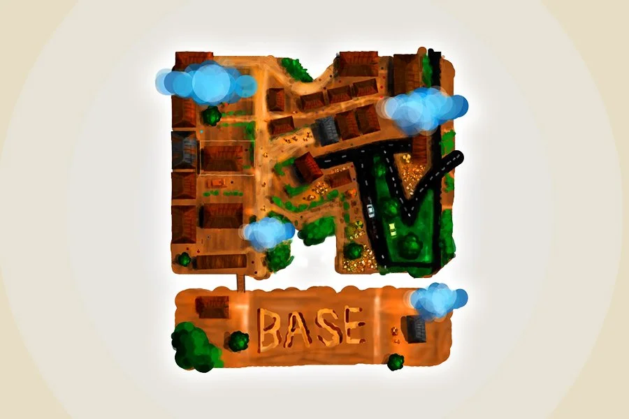 A miniature model or diagram of a town with buildings, roads, trees, and clouds, with a separate base marked 'BASE' at the bottom.