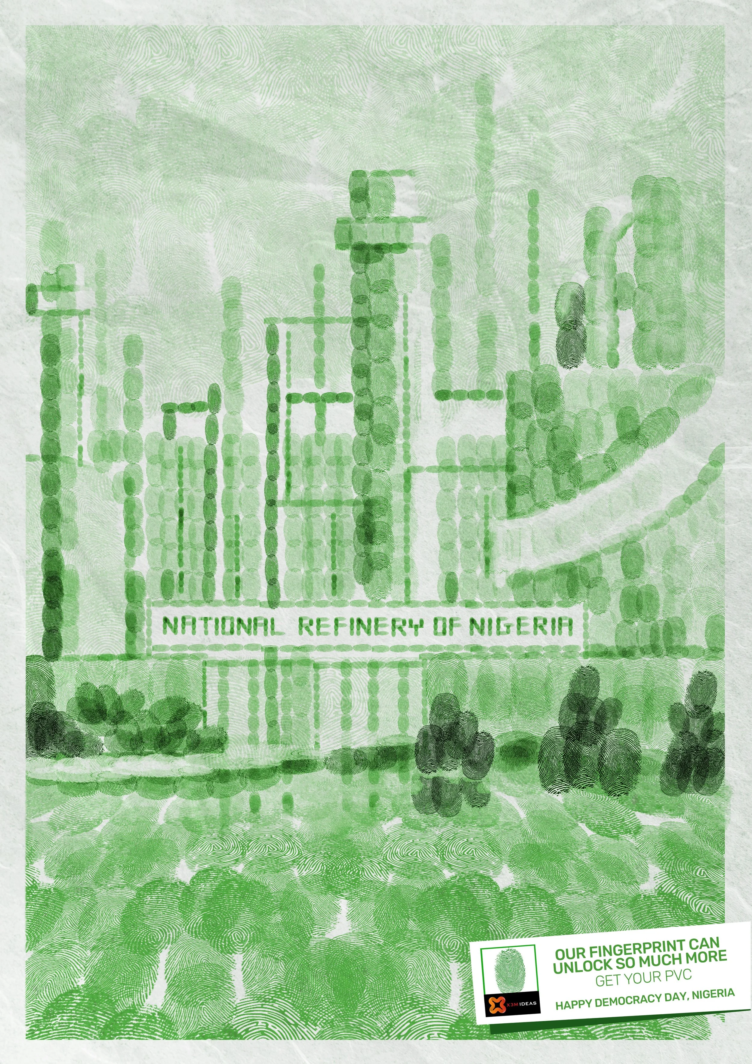 Close-up image of a Nigerian PVC (Permanent Voter's Card) featuring the fingerprint of the voter, with a sticker in the lower right corner celebrating Nigeria's Democracy Day. Sodiq Sheu Olashile, Best Art Director in Nigeria.