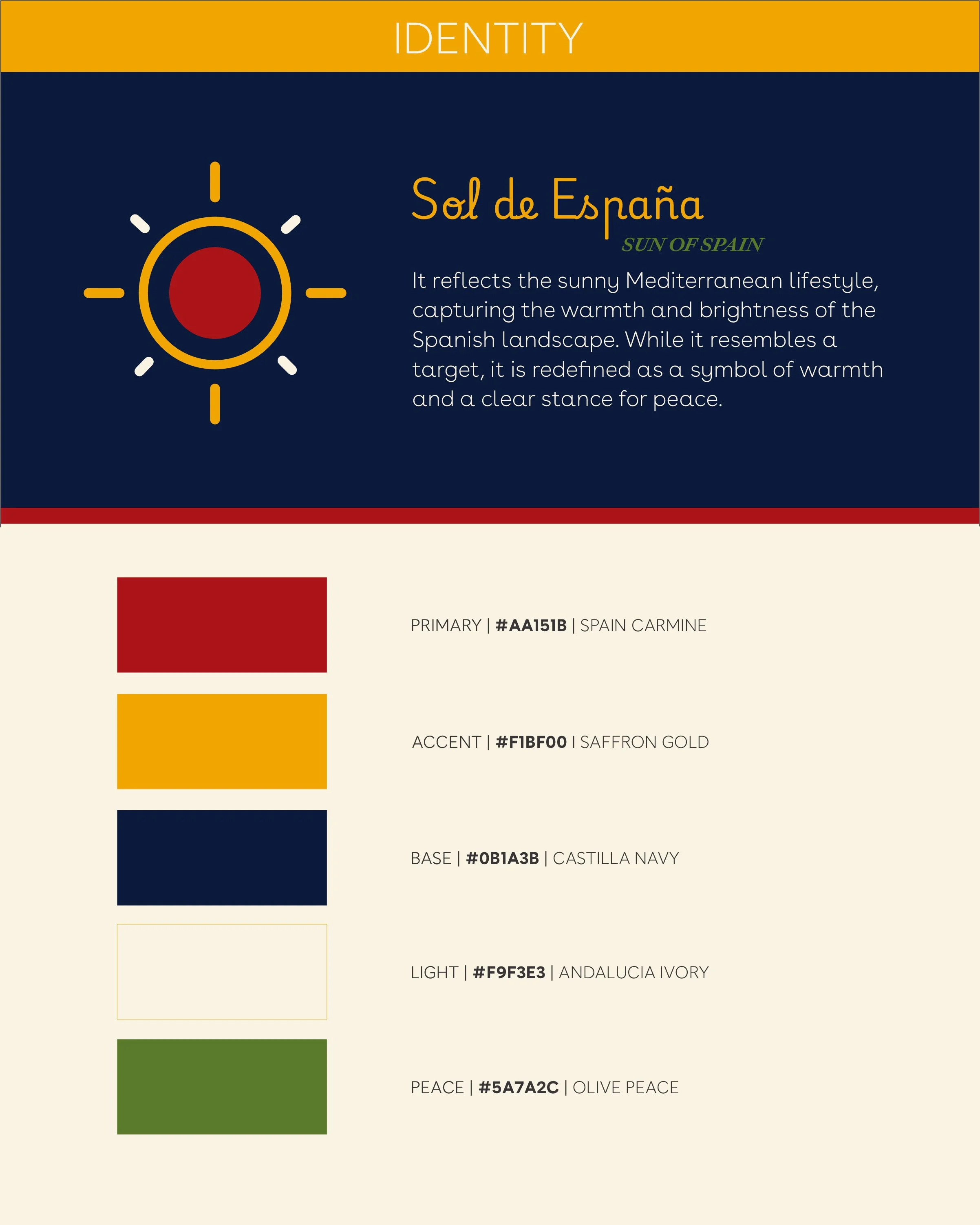 Color palette chart showing four colors with names and hex codes: Saffron Gold, Castilla Navy, Andalucia Ivory, Olive Peace.