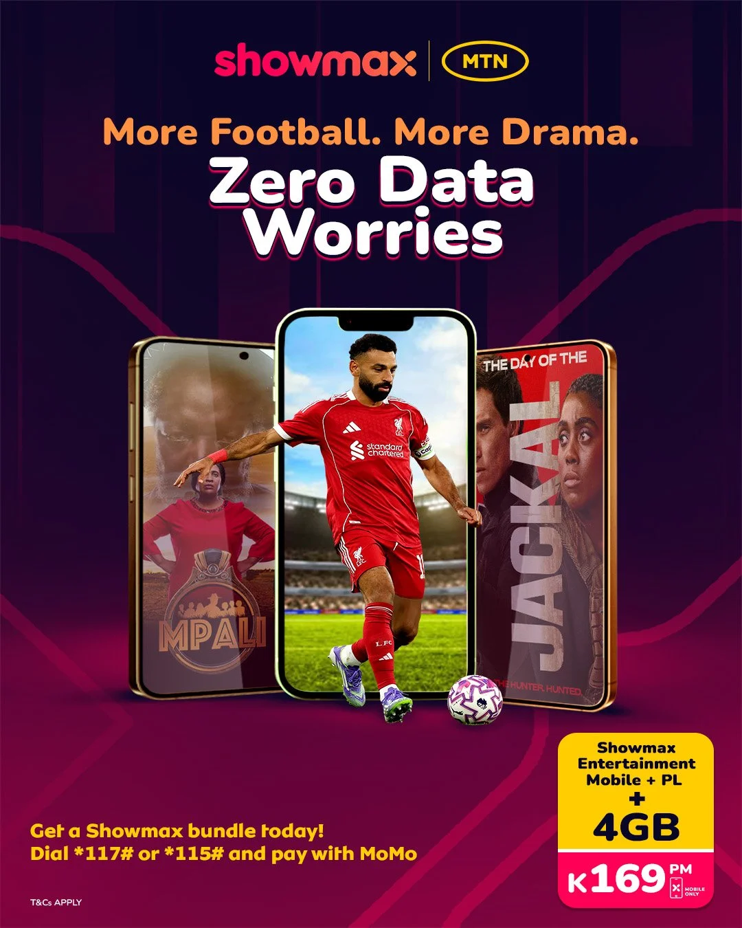 Advertisement for Showmax and MTN promoting mobile entertainment with zero data worries, featuring a soccer player on a smartphone screen and images of shows and movies with pricing and data plan details.