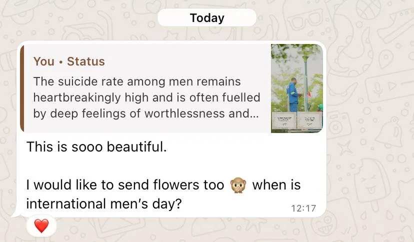 A WhatsApp conversation with a message about sending flowers for International Men's Day, including a photo of a man in a blue jacket and a cap standing outdoors near a tree, with a lamp post and two boxes in the background.