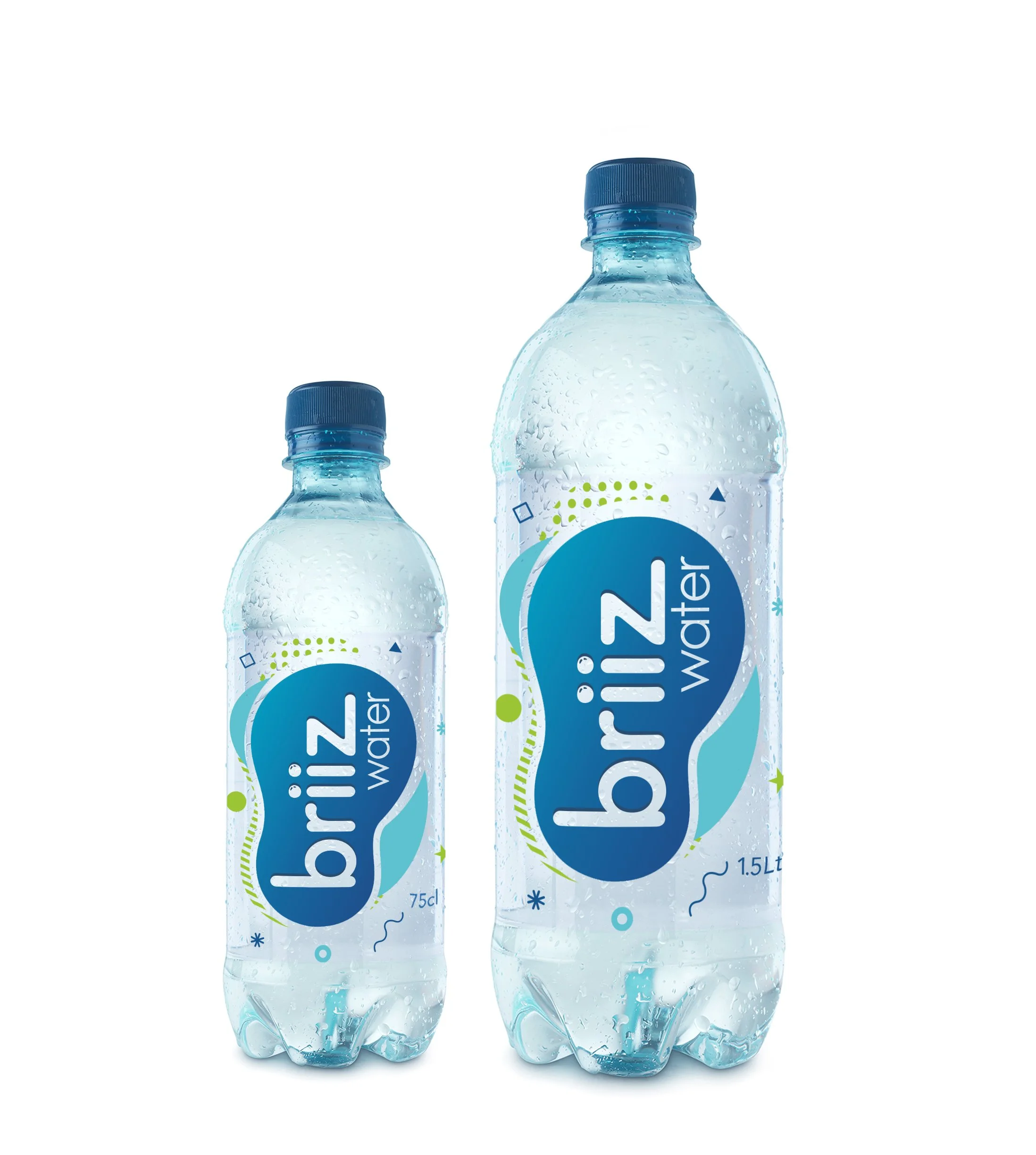 Two bottles of water with condensation on the surface, featuring blue caps and labels with a design that includes blue, green, and white elements, and the text 'bottler' and 'water' on the labels.