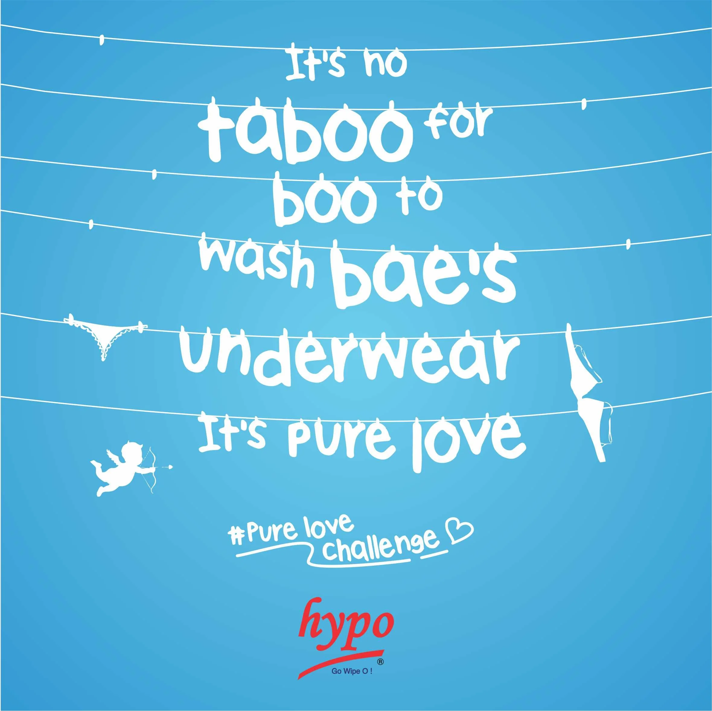 A blue background with white text on strings resembling laundry, reading 'It's no taboo for wash your underwear. #Pure love #Pure love challenge', and a small silhouette of a person hanging clothes on a clothesline.