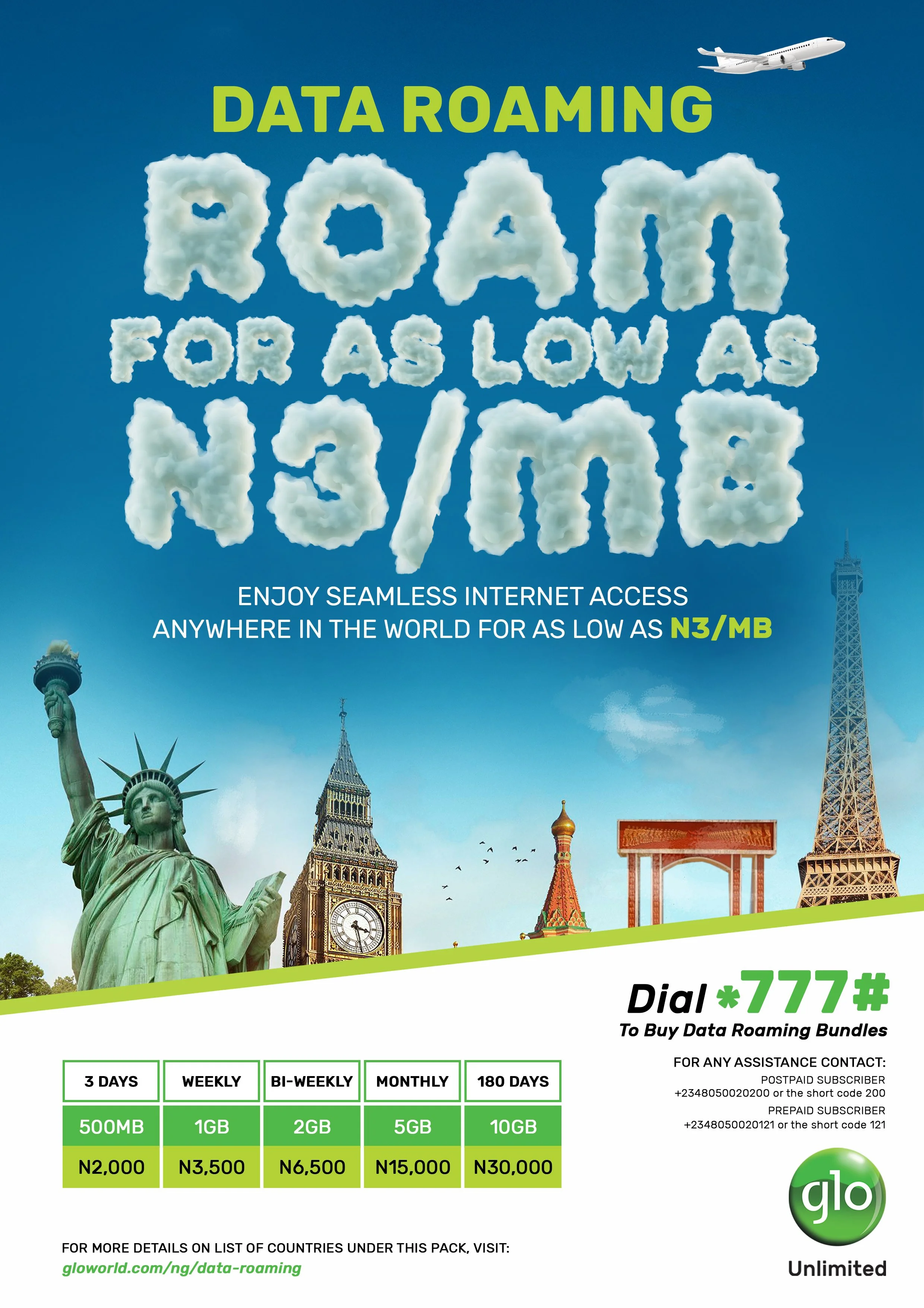 Advertisement for data roaming plans showing famous landmarks including the Statue of Liberty, Big Ben, the Eiffel Tower, and the Tower of Pisa. The ad mentions unlimited internet access for as low as N3/MB and provides a contact number to buy data b