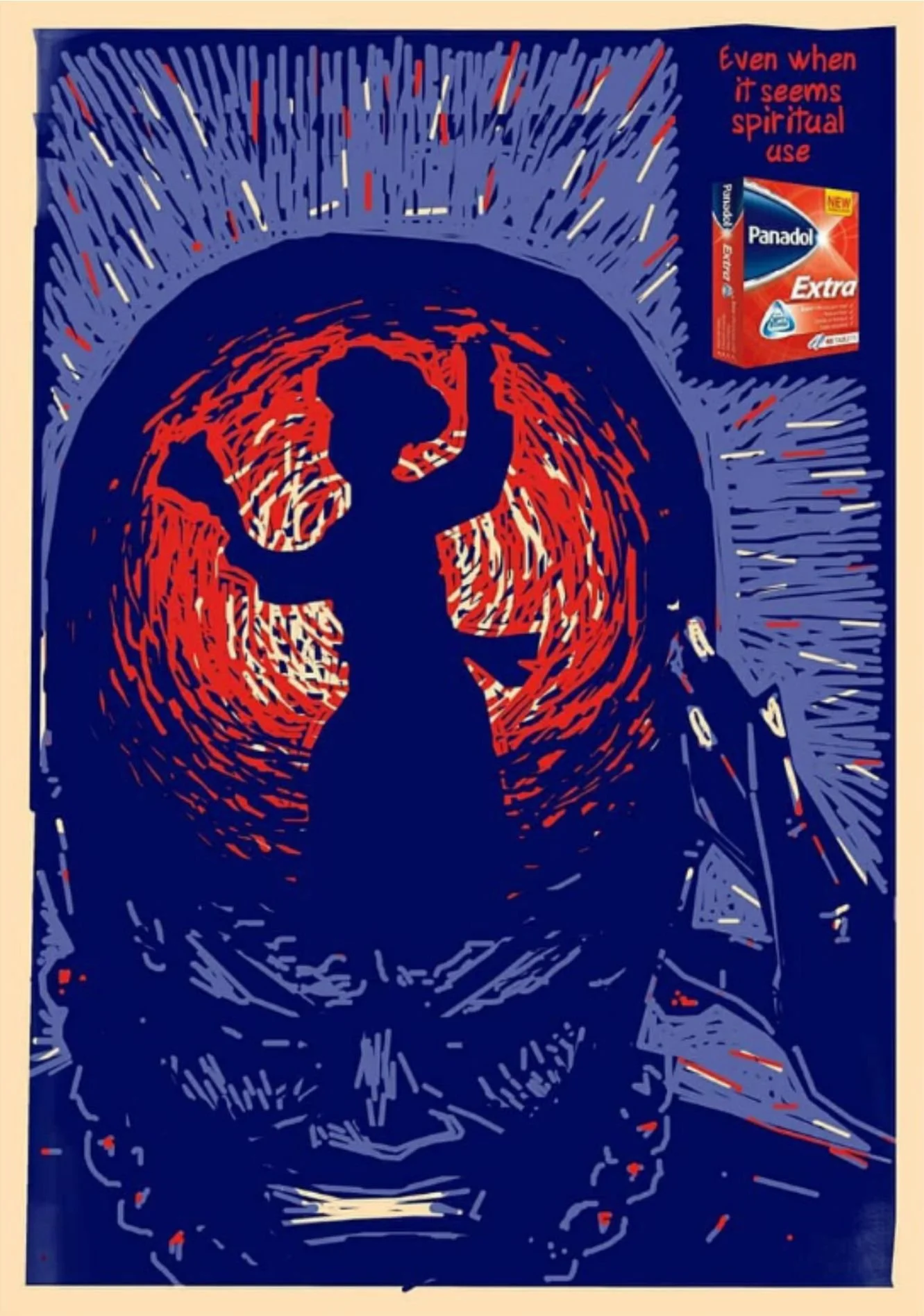 Artistic depiction of a person's face in profile with long hair, created with colorful, sketch-like strokes. A box of Panadol Extra medicine is in the top right corner, and red text states, "Even when it seems spiritual use."