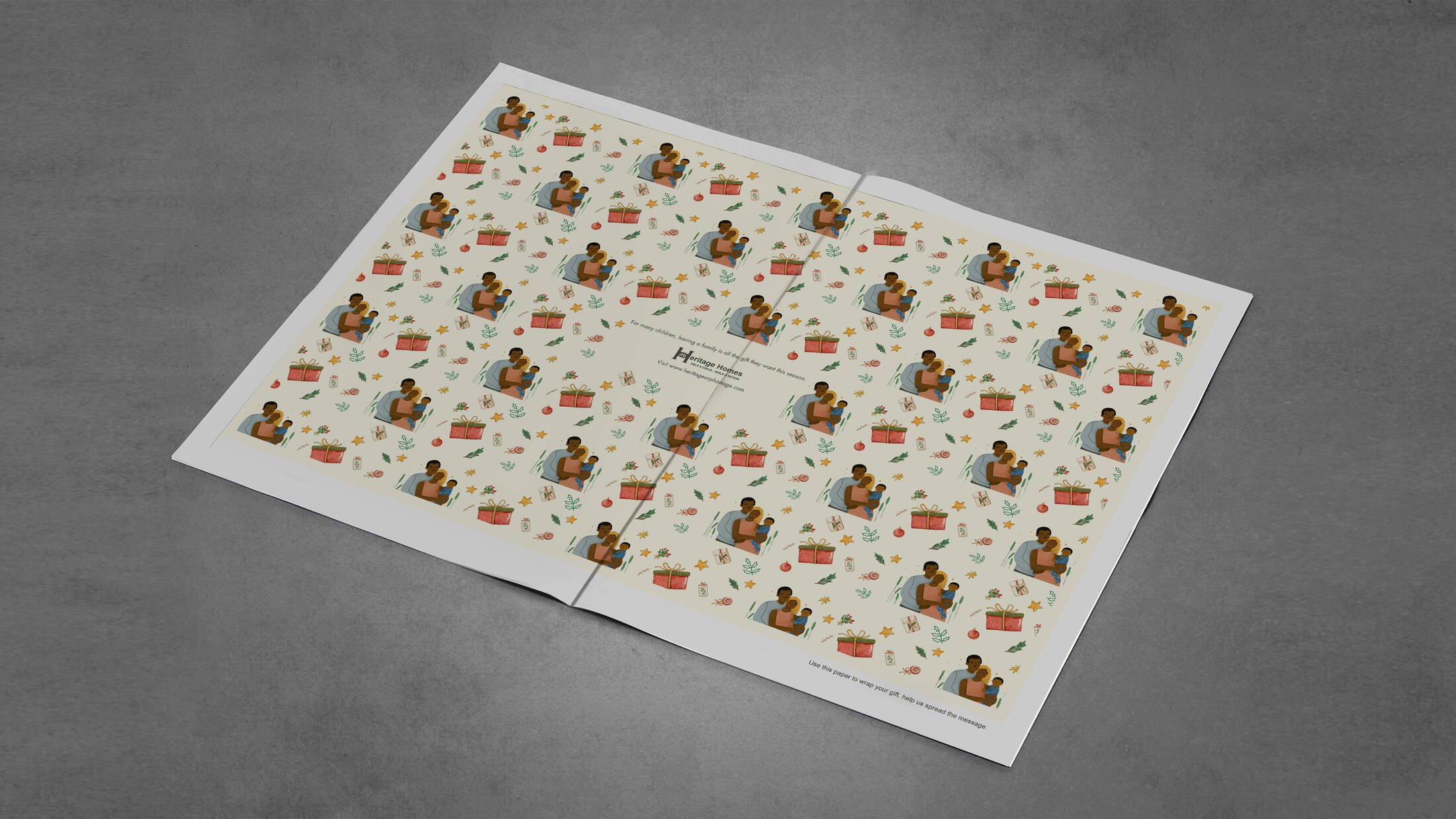 Sheet of holiday-themed stickers featuring families, gifts, holly, stars, and ornaments on a gray surface.