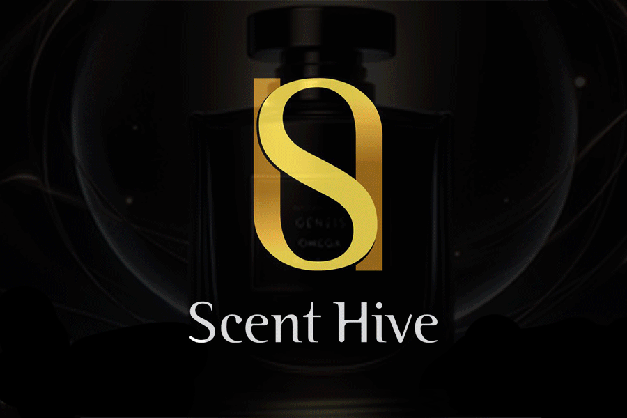 Scent Hive logo with a stylized gold 'S' on a dark background, with a perfume bottle faintly visible behind.