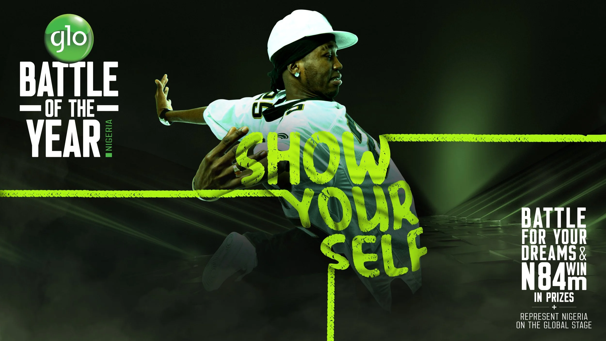 A person dressed in sportswear poses in front of a dark background, with text overlay promoting the Glo Battle of the Year Nigeria event and encouraging self-confidence and representation.