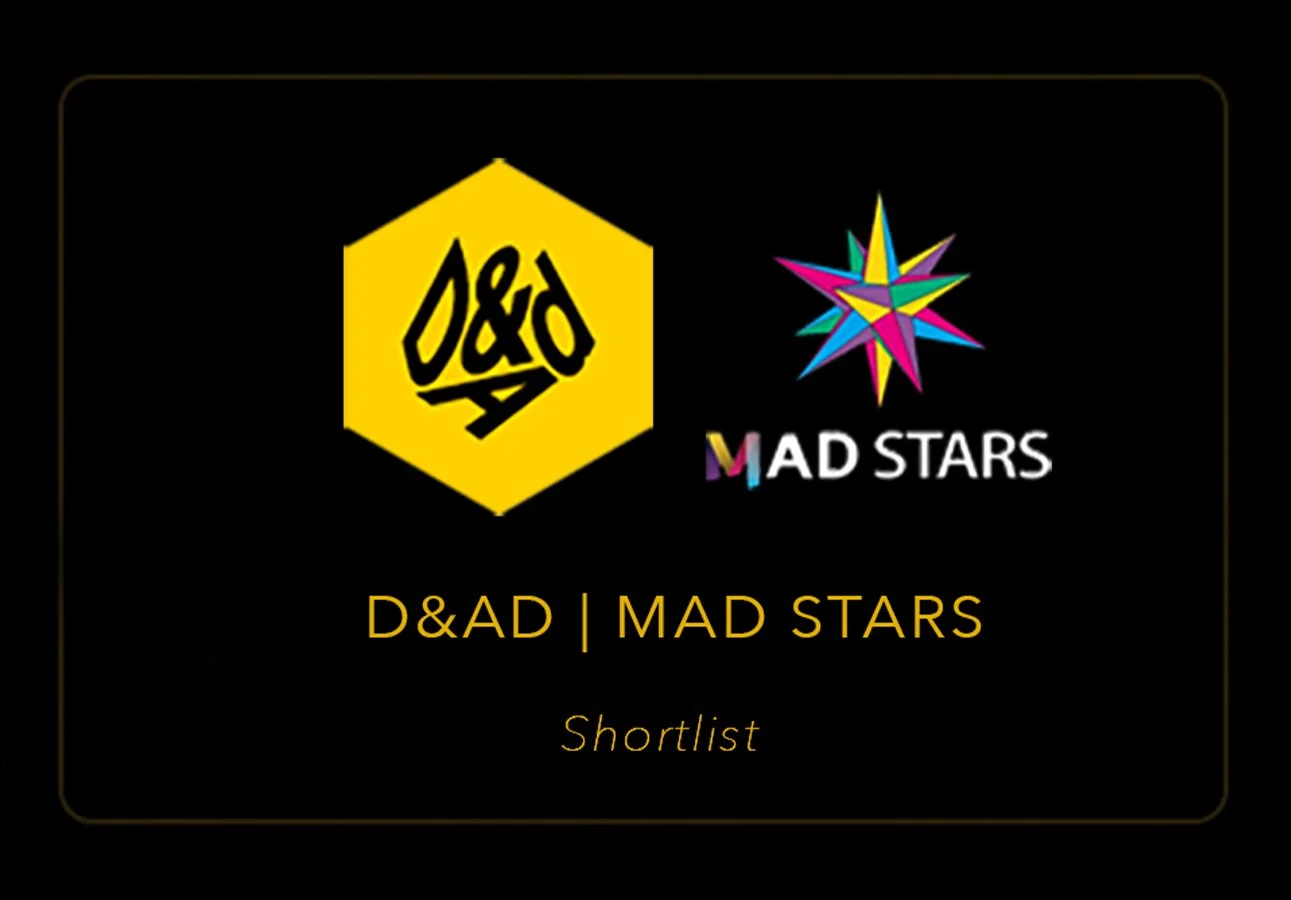 Logo of D&AD and MAD Stars with a star graphic, text indicating a shortlist for D&AD | MAD Stars awards.
