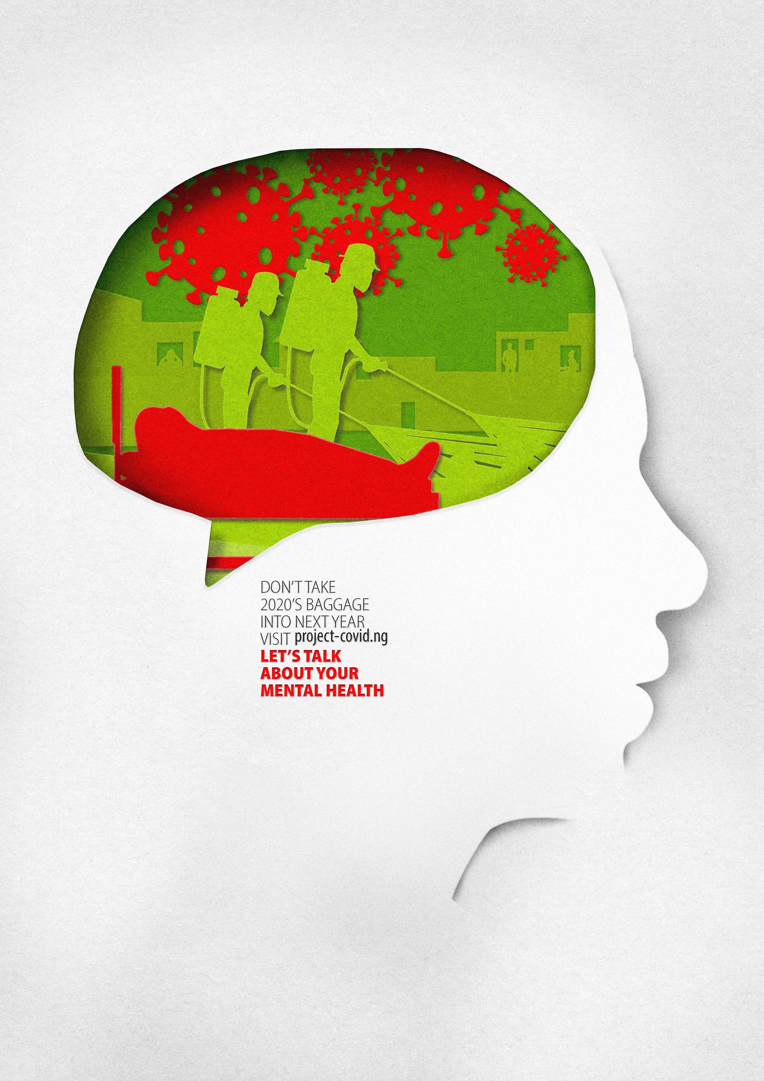 Illustration of a human head profile with a brain area filled with images of healthcare workers and virus particles, accompanied by text encouraging discussions about mental health during COVID-19.