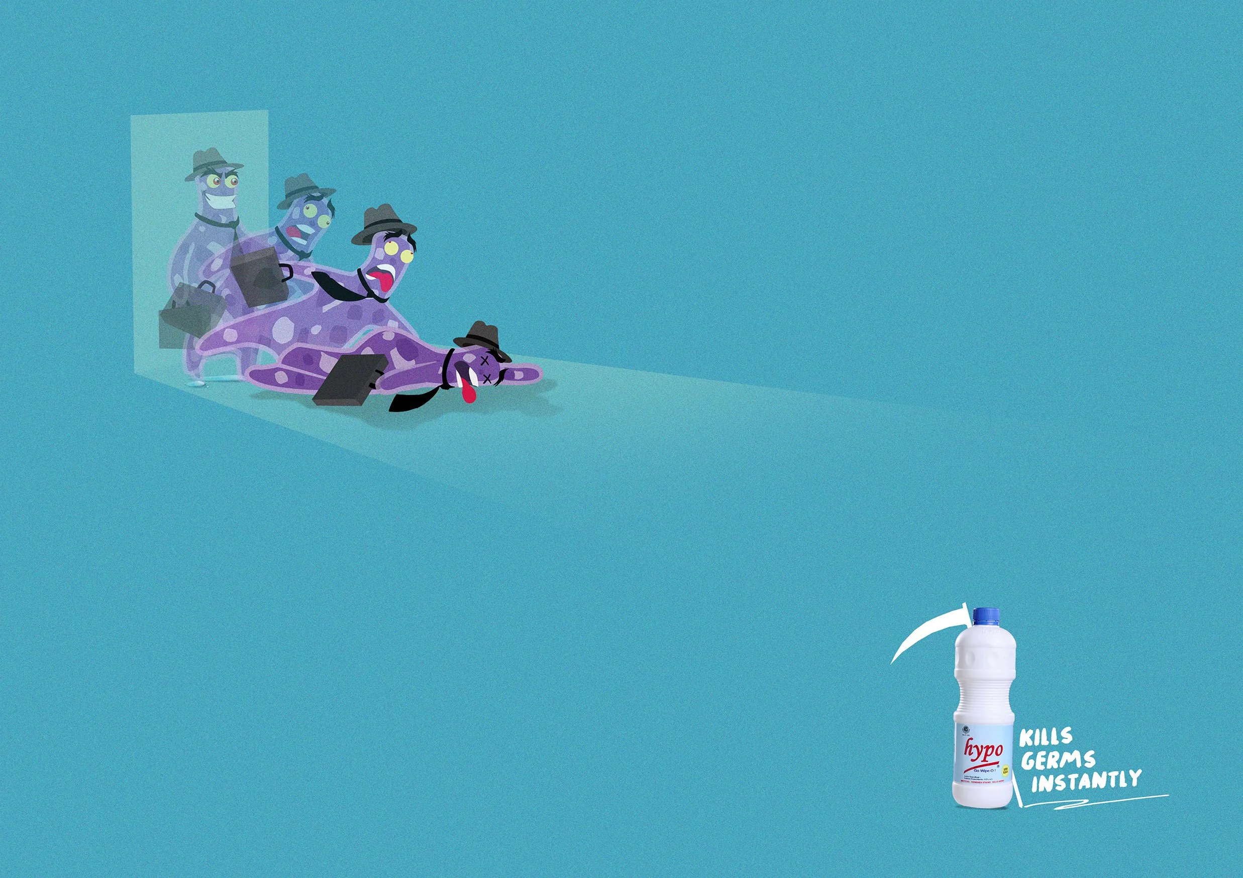 Animated illustration of a purple dog with black spots, wearing a detective hat, with several ghostly figures of the same dog in the background. The ghostly figures show a progression from happy to distressed. A bottle of disinfectant spray with prom