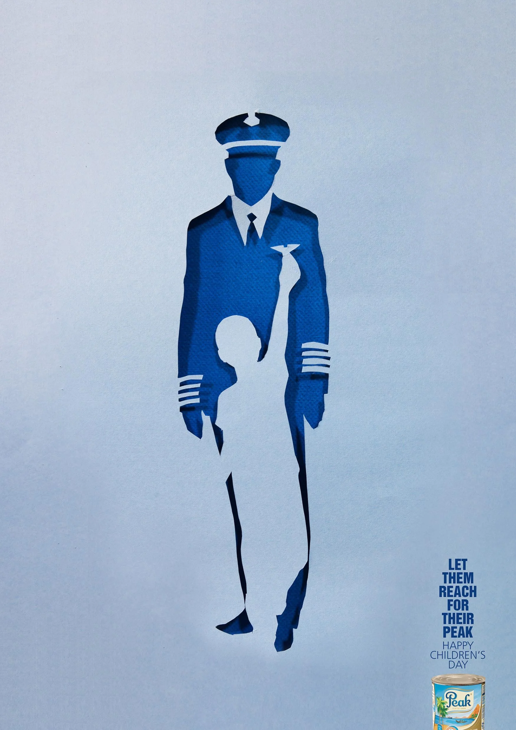 Stylized illustration of a person with a chamberlain's hat and a tie, with the body dissolving into a tooth silhouette, on a light blue background. Text on the right reads, 'Let them reach for their peak. Happy Children's Day.' A can of Peak condensed milk is in the bottom right corner.