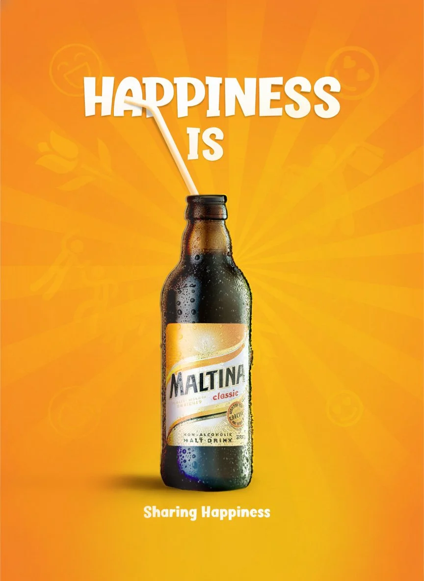 A bottle of Maltina classic malt beverage with a straw, set against a bright orange background with the message "Happiness is Sharing Happiness."