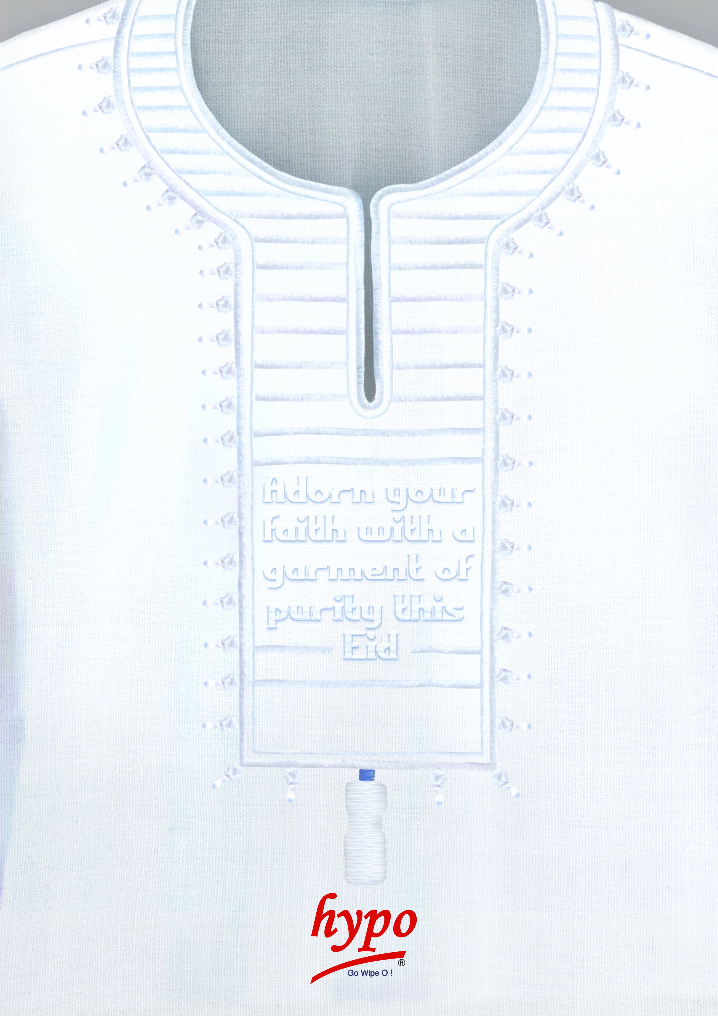 Close-up of a white T-shirt with embroidered lines and a quote, but the text is faint. The shirt features a zipper in the center and decorative stitching. The lower part of the image shows a red logo with the word 'hypo' and the phrase 'Go Wipe O!' b