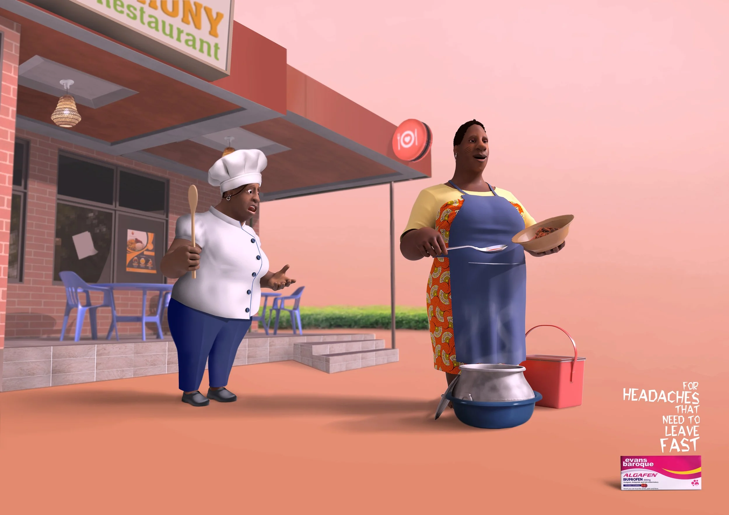 Two animated women standing outside a building, one dressed as a chef and the other in an apron, holding a spoon and bowl, with a blue bucket and a pink box nearby. The background shows a restaurant sign and outdoor seating with blue chairs, and a pi