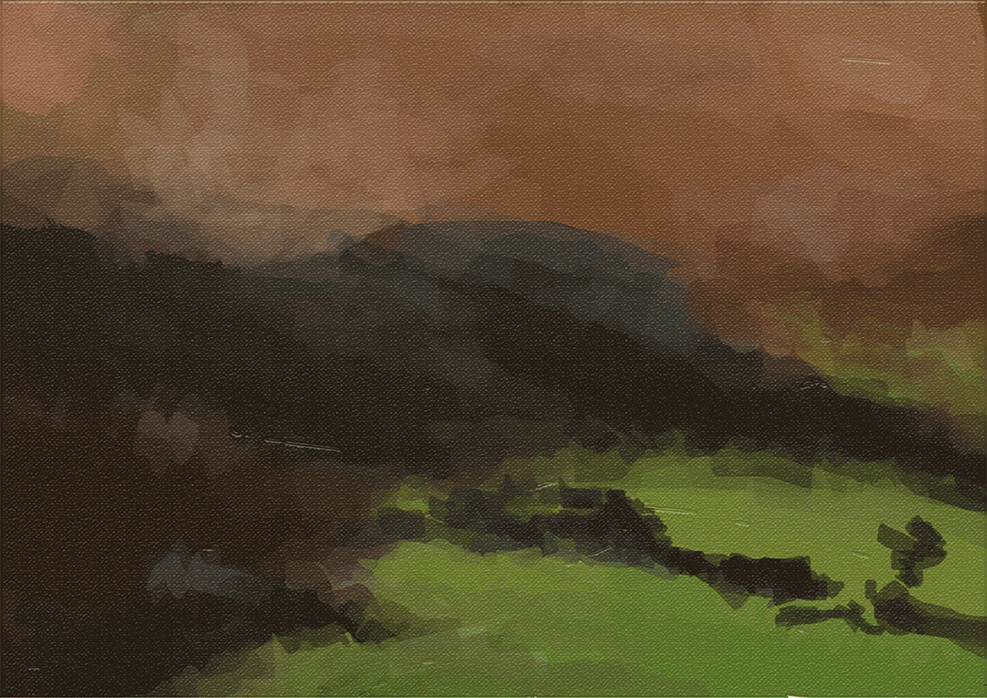 A painting of a landscape with dark mountains, green fields, and a orange sky with clouds.