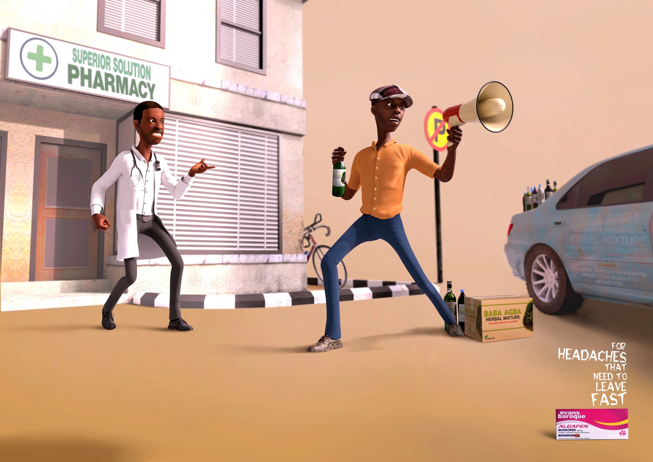 Two animated men standing on a sidewalk in front of a pharmacy with a sign that reads "Super Solution Pharmacy." One man is dressed as a doctor, pointing sternly, while the other is holding a megaphone and a herbal supplement bottle, looking agitated