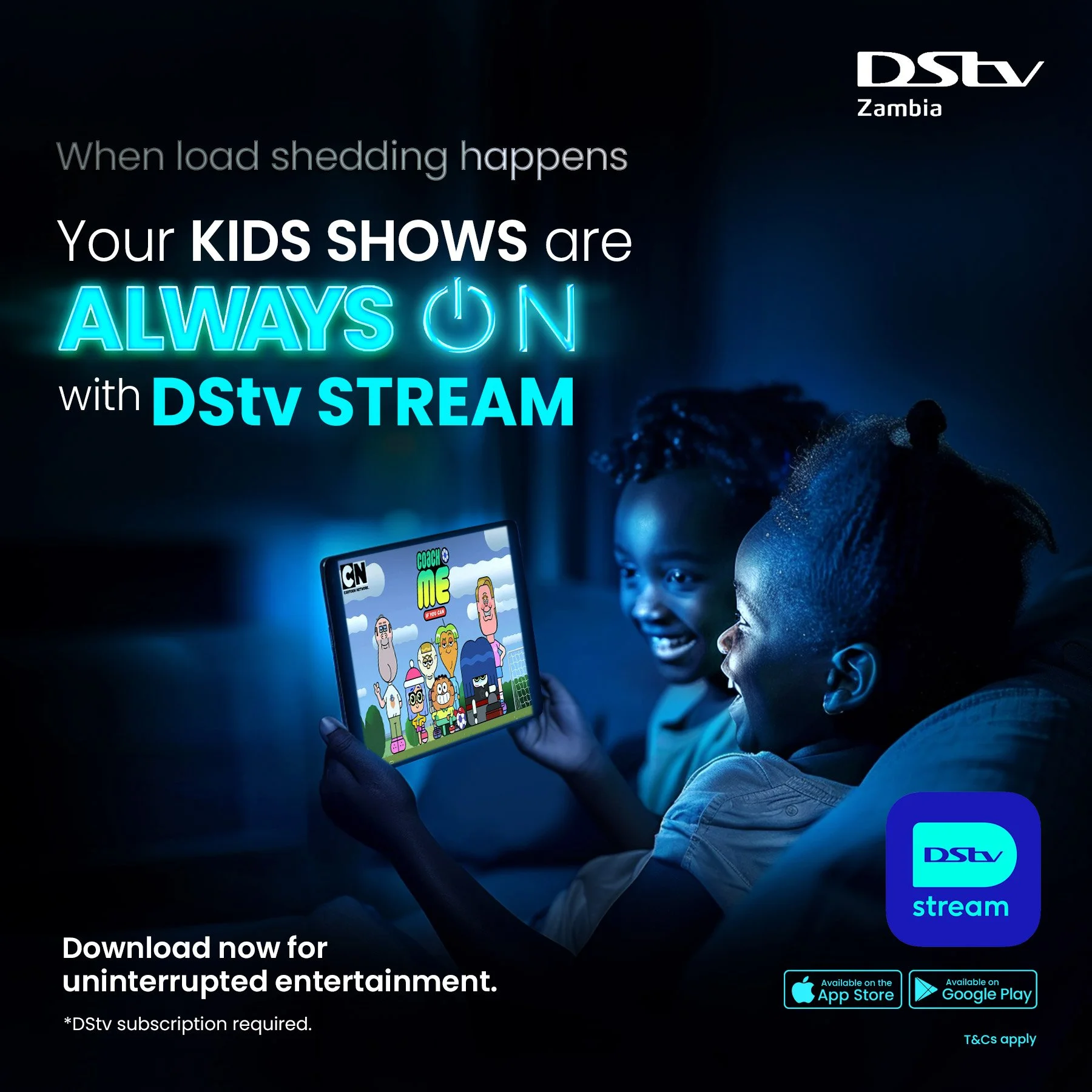 A group of children watching a tablet screen displaying cartoon characters, with promotional text for DSTV Stream service and download icons for Apple App Store and Google Play.