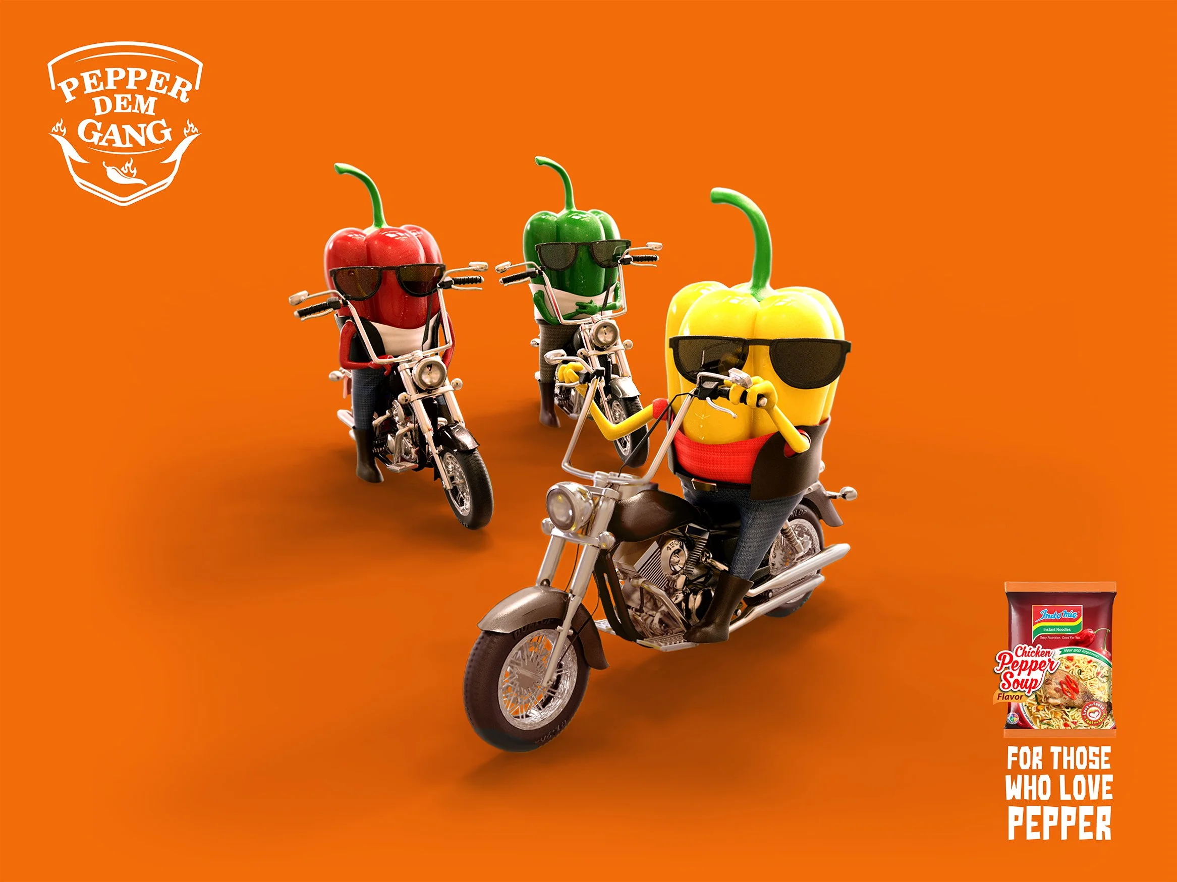 Three anthropomorphic bell peppers, one red, one green, and one yellow, riding motorcycles. They are wearing sunglasses against an orange background. The red pepper is second from the left, the green pepper is in the middle, and the yellow pepper is 