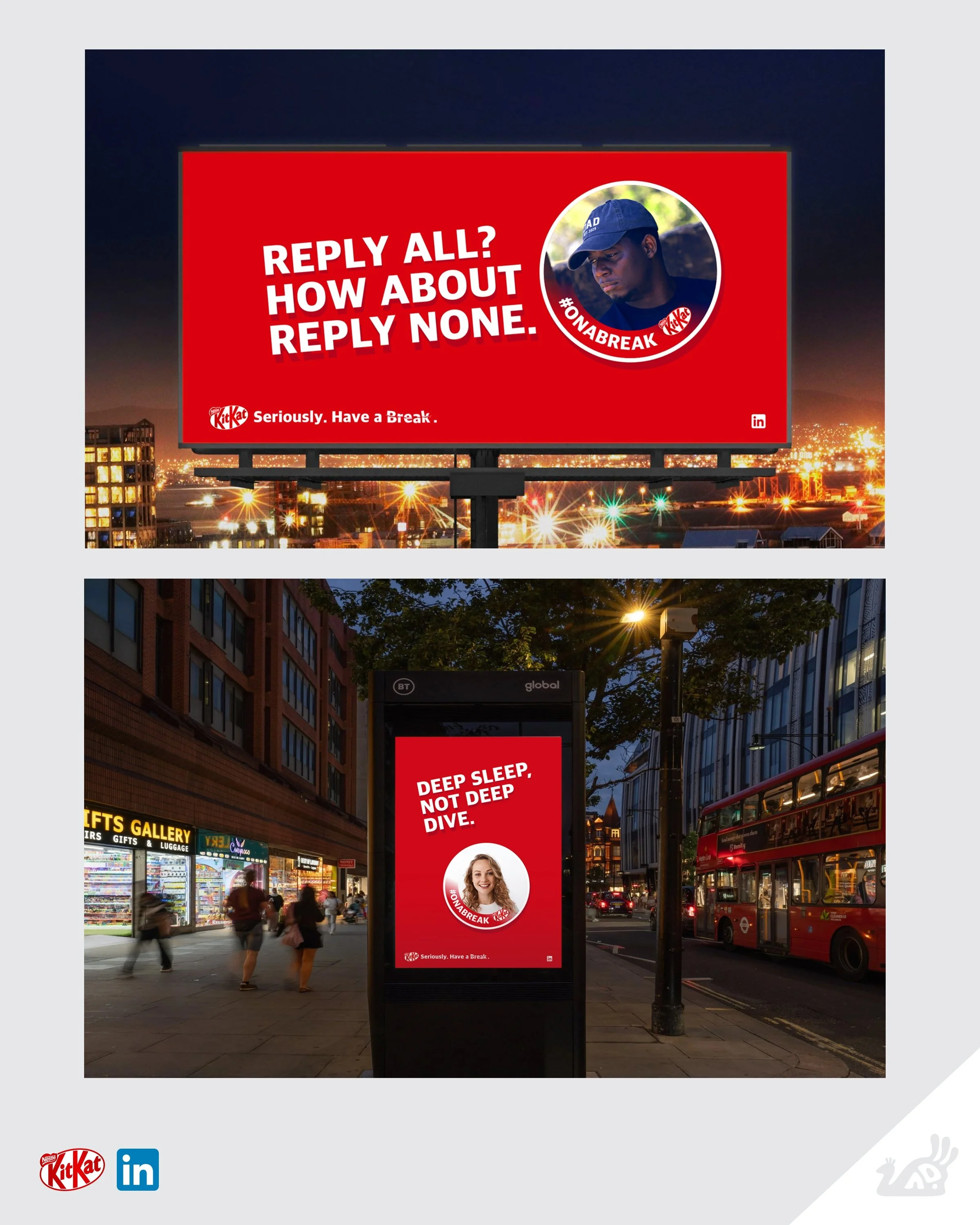 Digital billboard in an urban area at dusk with bright red background displaying a message about replying all or not replying to emails, with a photo of a young woman smiling and the hashtag #ONABREAK, and the KitKat logo at the bottom. Campaign.