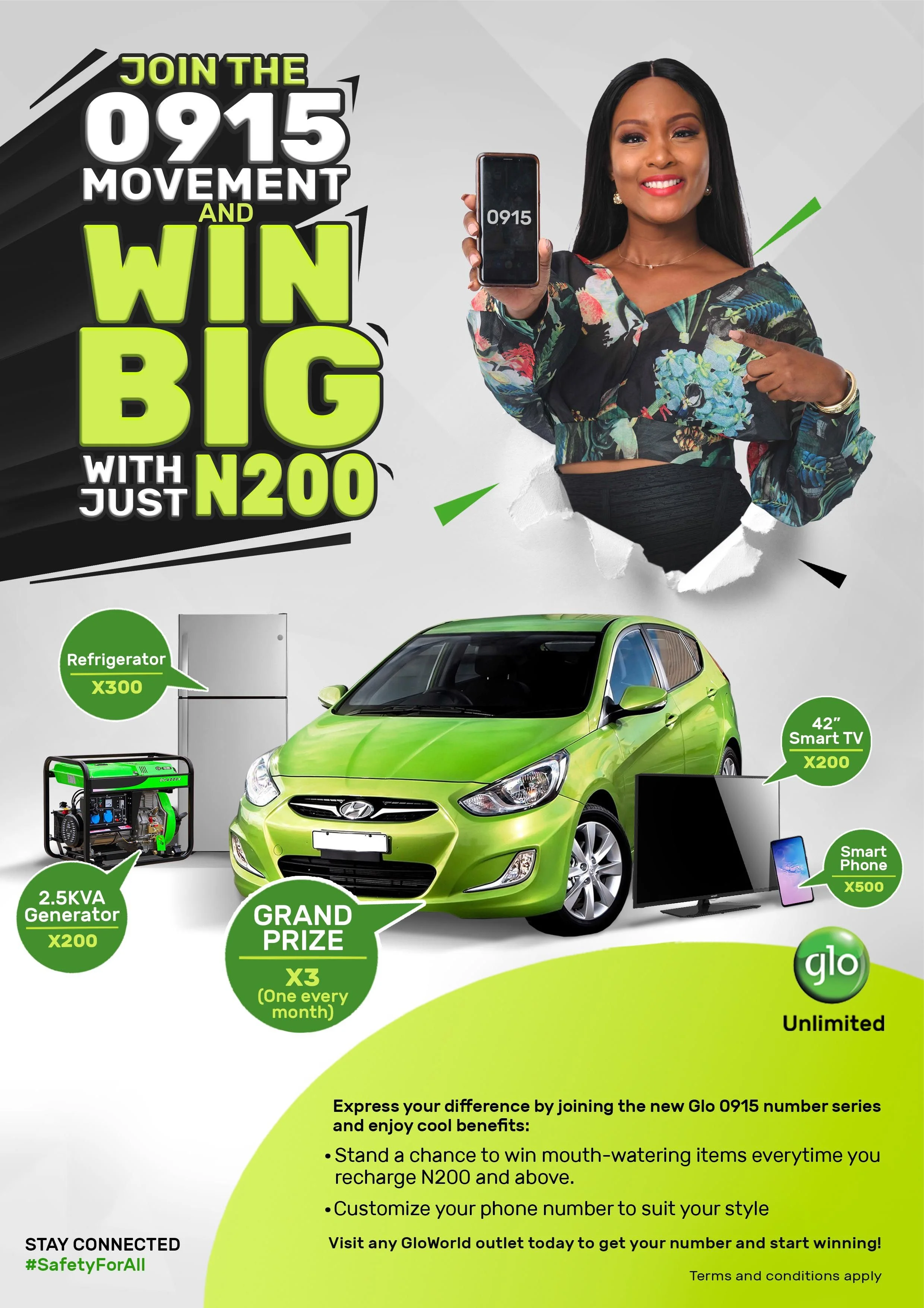 A woman smiling and holding a phone displaying the number 0915, with text promoting a contest to win prizes by joining the Glo 0915 number series, including a car, generator, smart TV, smartphone, and refrigerator.