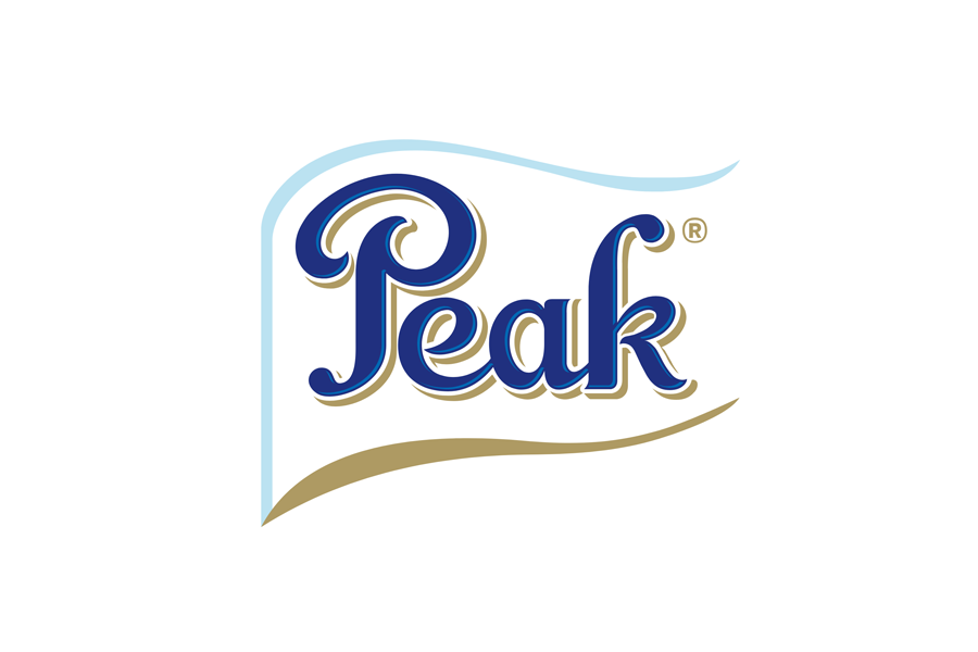 Logo for the brand Peak, featuring the word 'Peak' in blue cursive font with a gold swoosh underneath and a blue swoosh above, on a white background with rounded edges.
