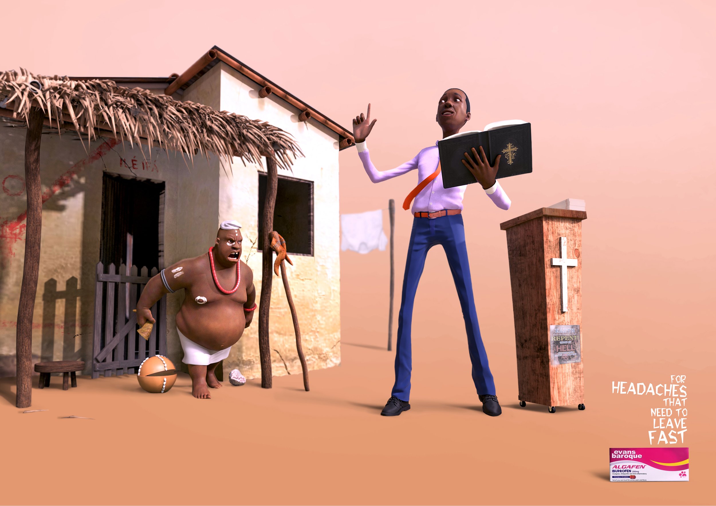 A digital illustration showing a woman with dark skin, short black hair, wearing a light purple long-sleeve shirt, blue pants, and a red strap bag, standing on a sandy surface. She is holding a large black book with a gold cross on it, gesturing upwa