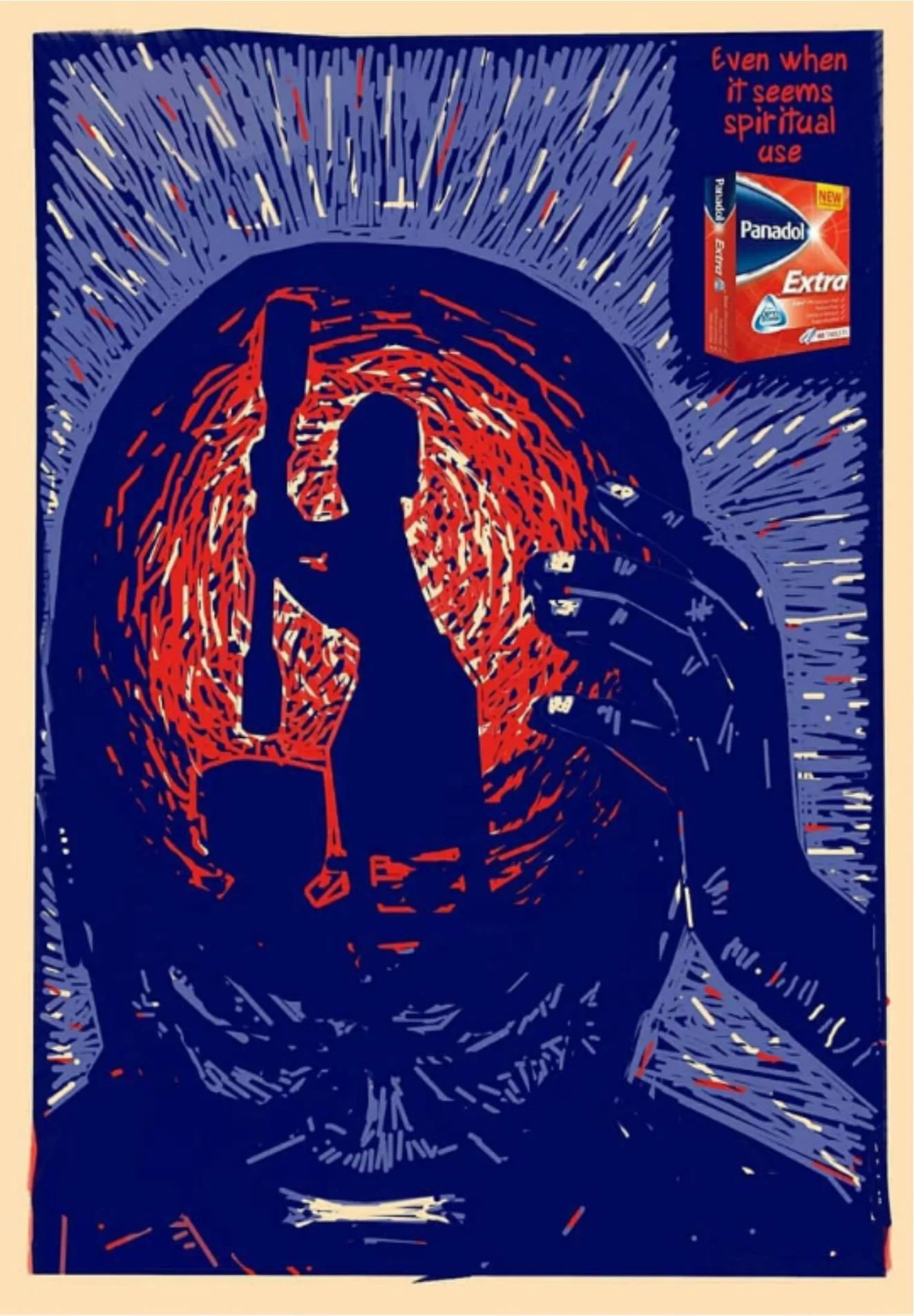 A stylized, abstract illustration of a woman with one arm raised, pointing, with color contrasts of red, blue, and white. A box of Panadol Extra is in the top right corner with the text 'Even when it seems spiritual use' written above.