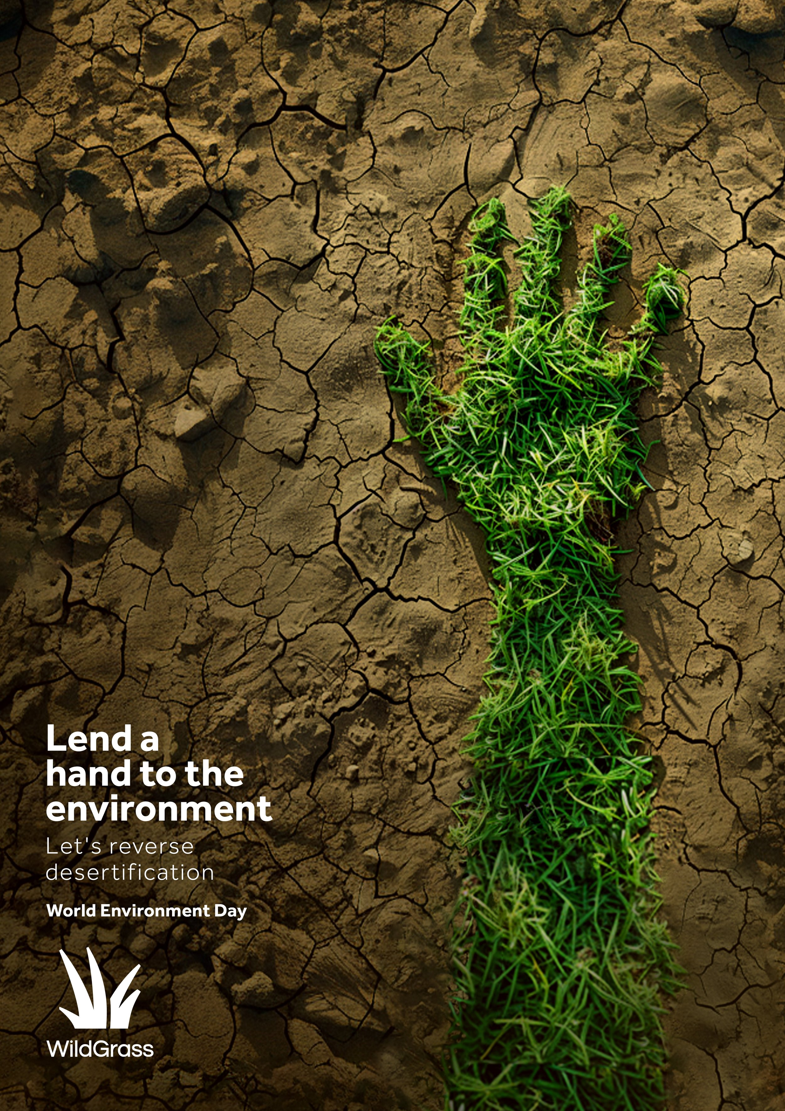 A crackled dry earth with a line of green wildgrass growing through the middle, accompanied by text promoting environmental awareness and World Environment Day.
