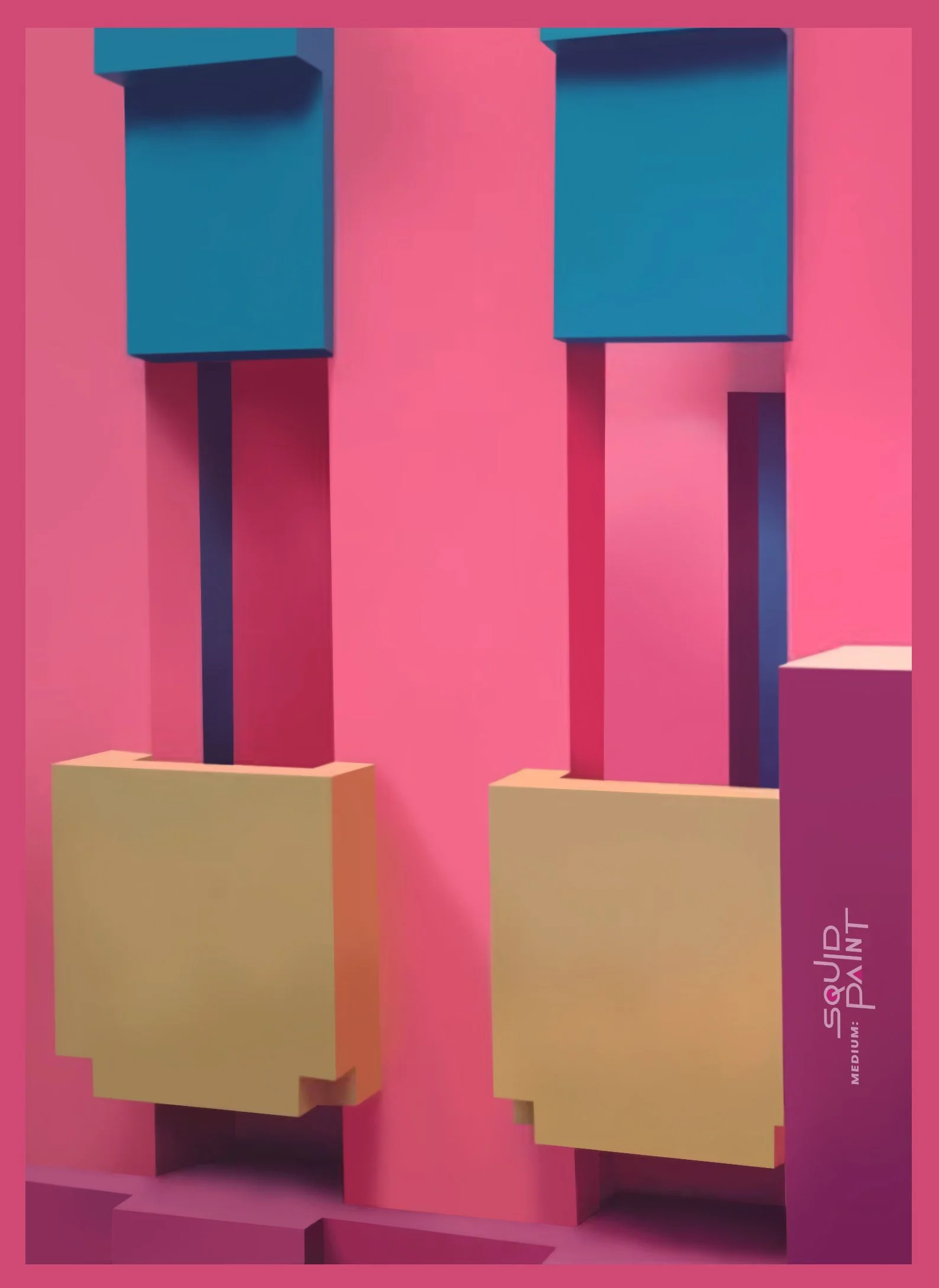 Colorful abstract 3D geometric art with pink background and beige, blue, and pink shapes. Campaign for Squid Game.