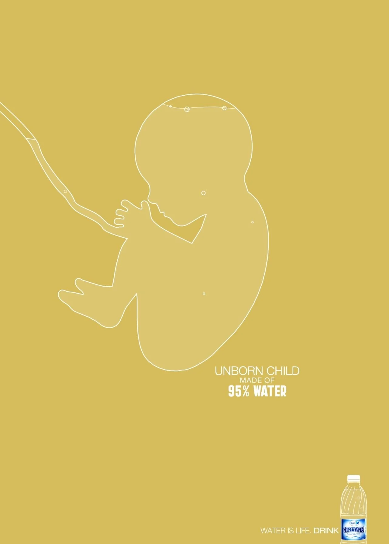 Minimalist outline of a fetus on a yellow background with text stating the unborn child is made of 95% water and a water bottle labeled Nirvana, emphasizing water's importance for life.