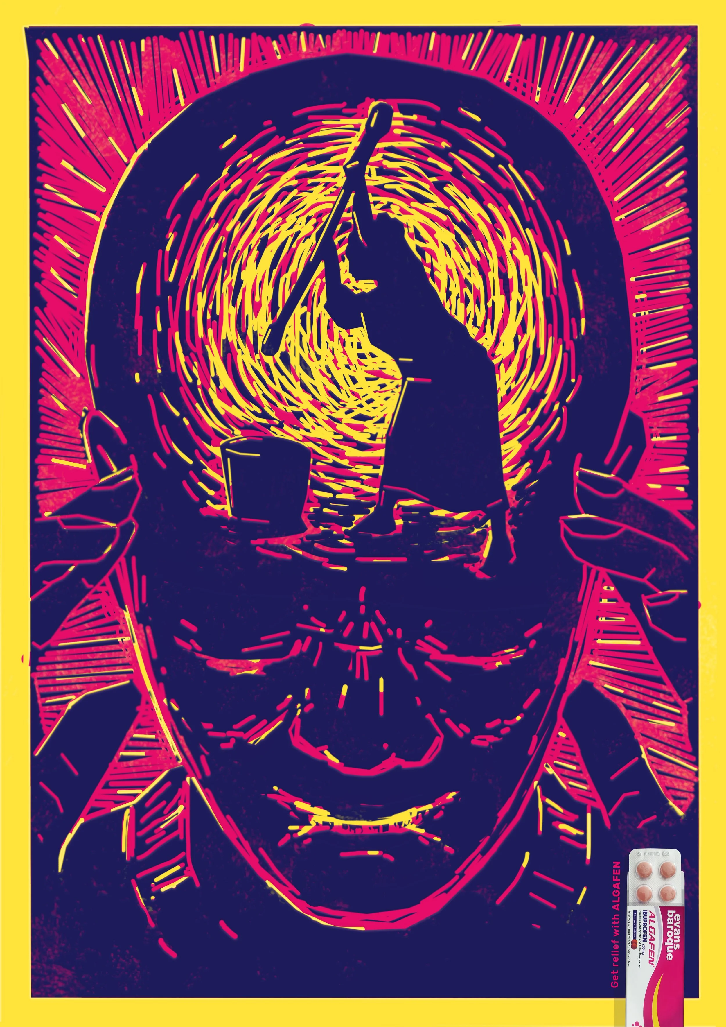 Stylized digital artwork of a person with a beard and glasses, surrounded by vibrant pink, yellow, and navy blue radiating lines. There is a blister pack of medication with pink tablets in the lower right corner. Sodiq Sheu Olashile, Best Art.