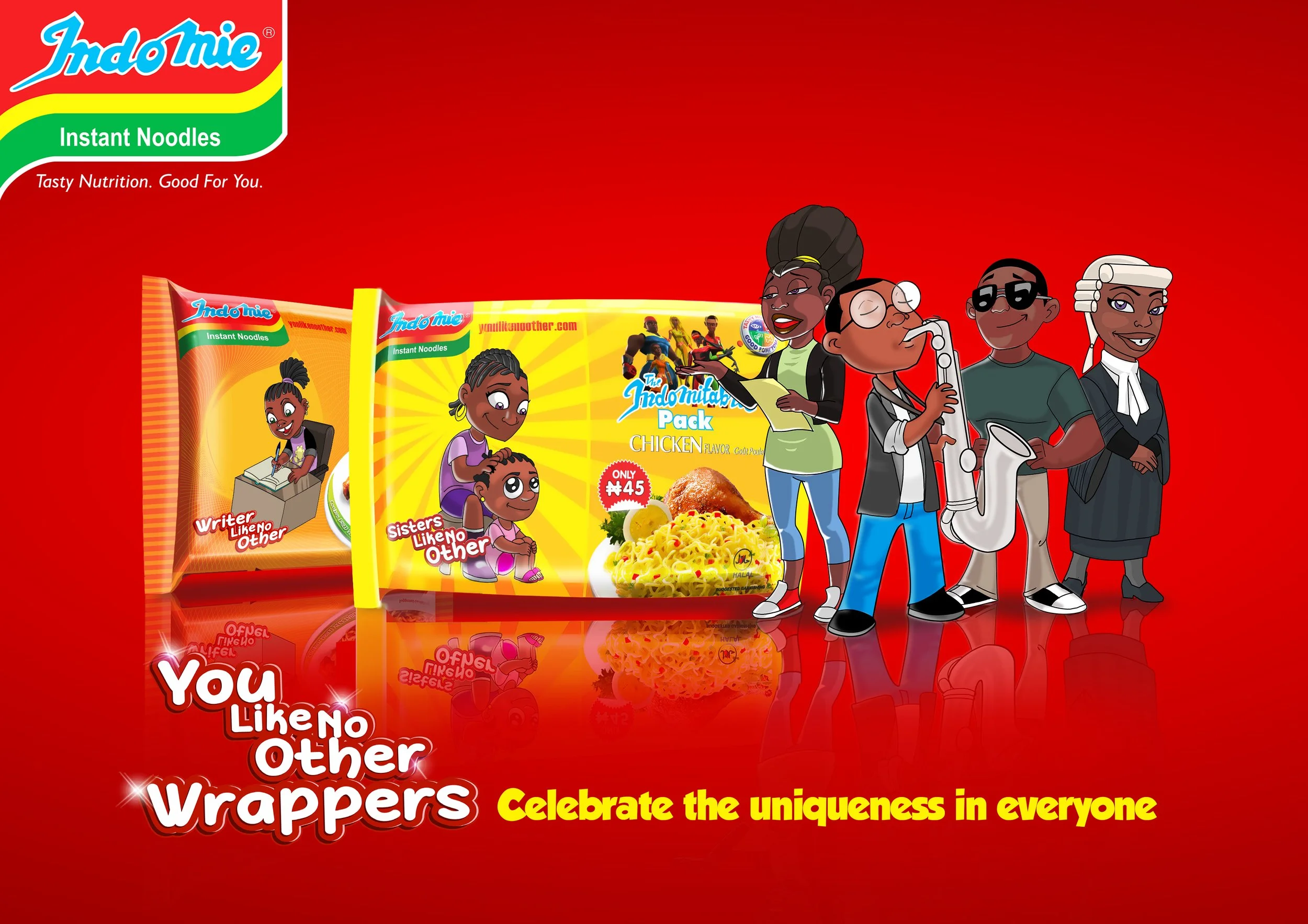 A vibrant advertisement displays colorful cartoon characters representing diverse individuals, along with two packages of Indomie instant noodles, promoting celebrating uniqueness and originality.