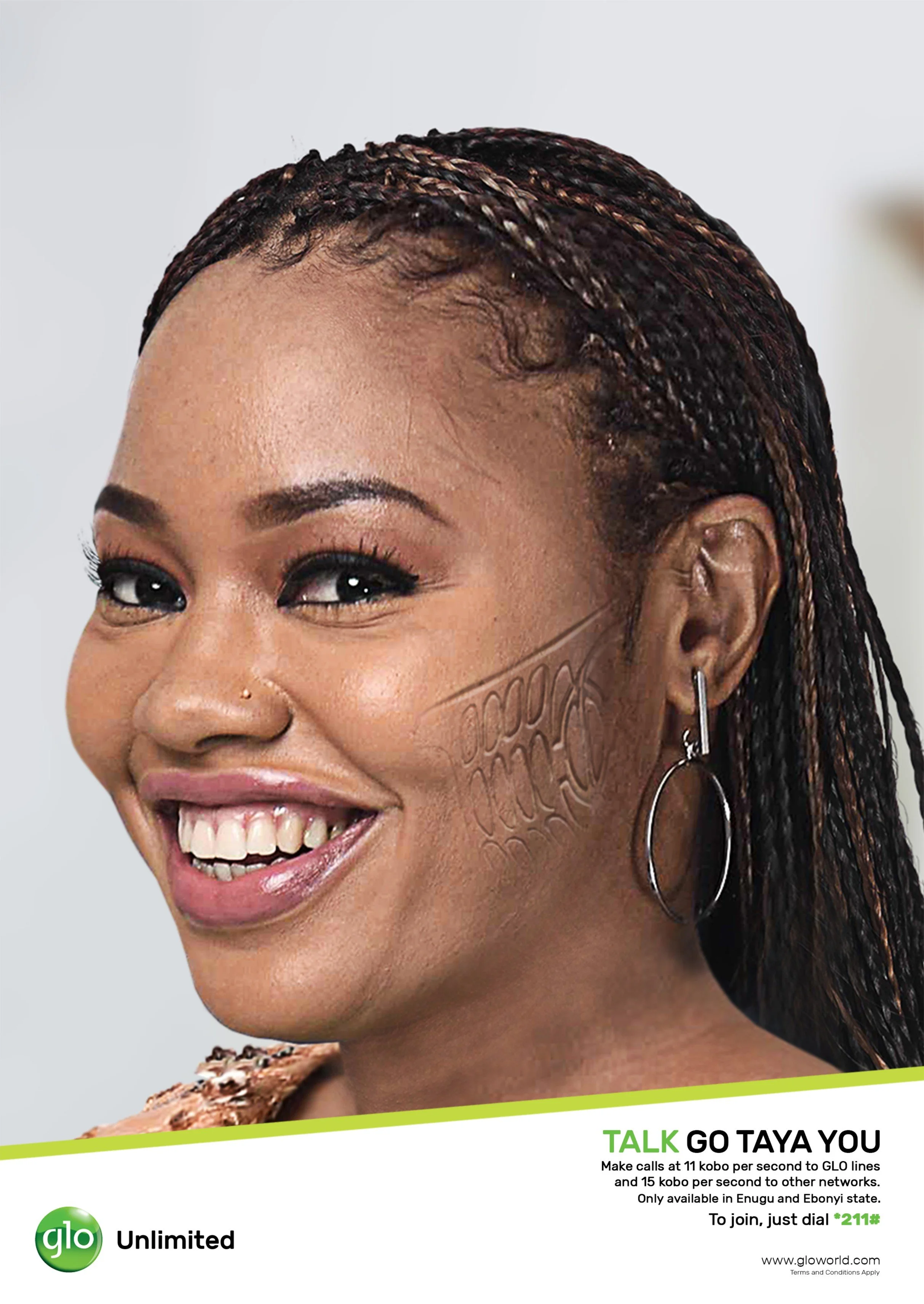 Close-up of smiling woman with braided hair, wearing earrings and a top with a patterned shoulder, advertising Glo Unlimited mobile plan.