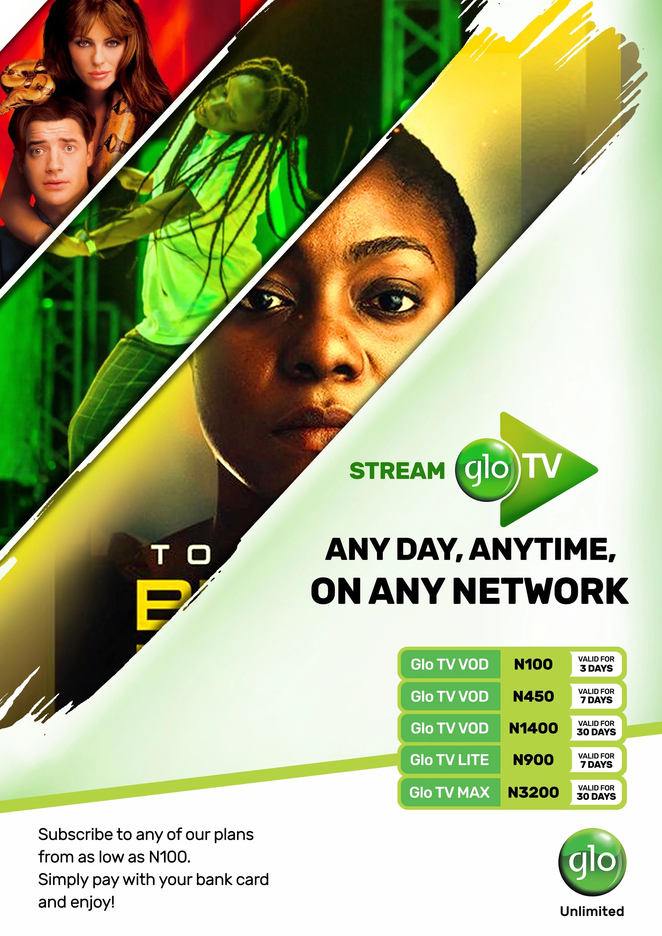 Advertisement for Glo TV streaming plans, showing images of various people, including a woman with dreadlocks, a woman with sunglasses, and a woman with makeup. The ad highlights different Glo TV VOD plans with prices and validity periods, and encour