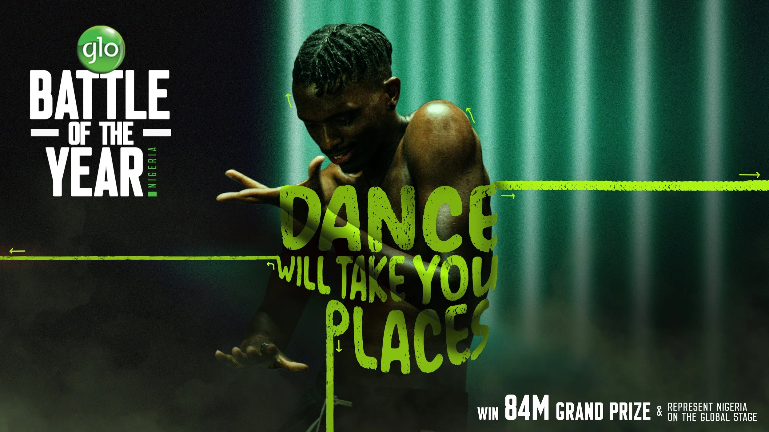 A young man dancing shirtless in front of green curtains with overlay text promoting Glo Battle of the Year Nigeria, a dance competition with a grand prize of 84 million Naira.