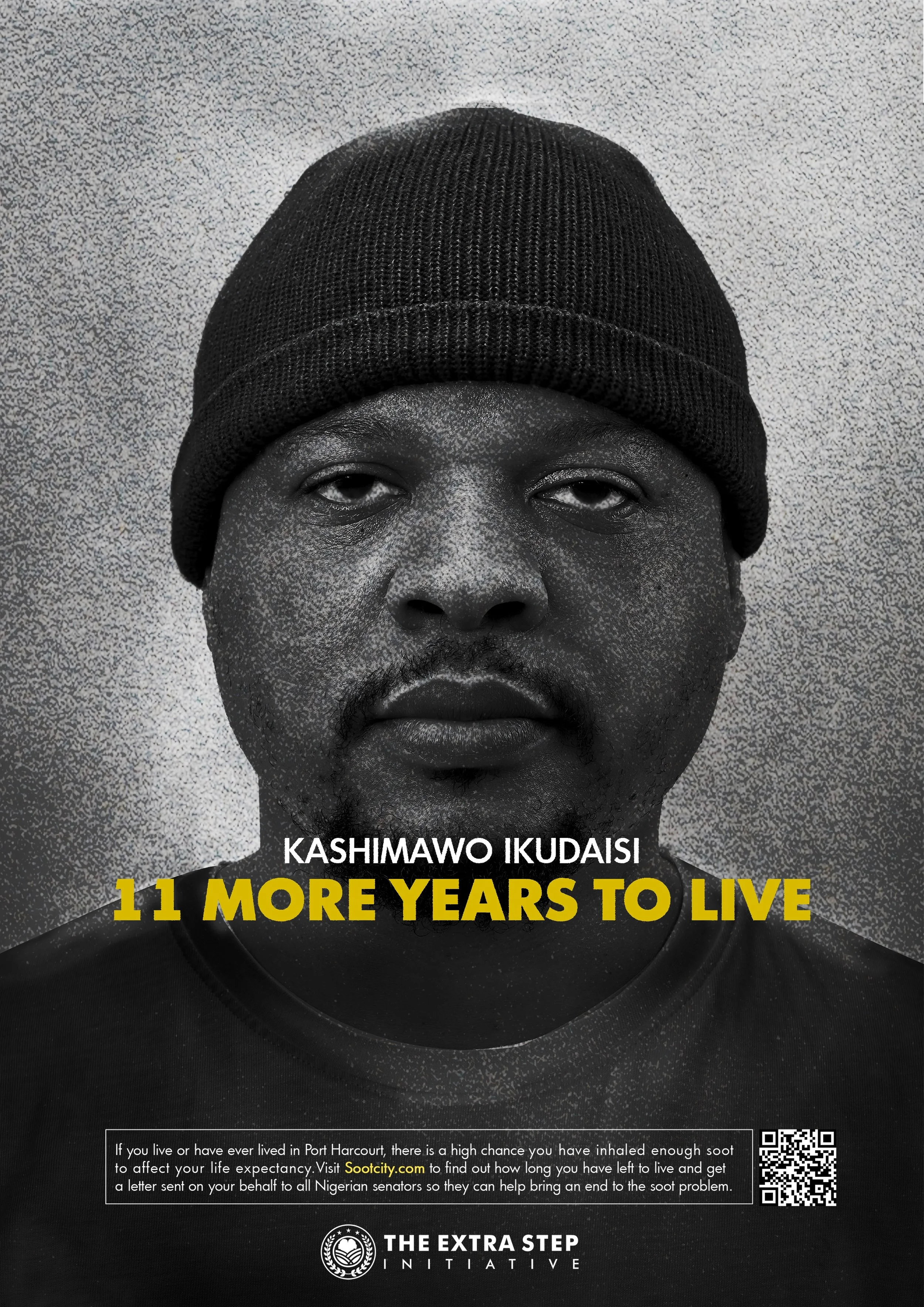 A black-and-white photo of a man with a serious expression, wearing a black beanie. Overlaid text states: 'Kashimawo Ikudaisi, 11 More Years to Live.' Additional text at the bottom encourages residents of Port Harcourt to visit soocity.com to learn about inhaled toxins and to contact Nigerian senators to address the issue. The logo at the bottom reads: 'The Extra Step Initiative.'