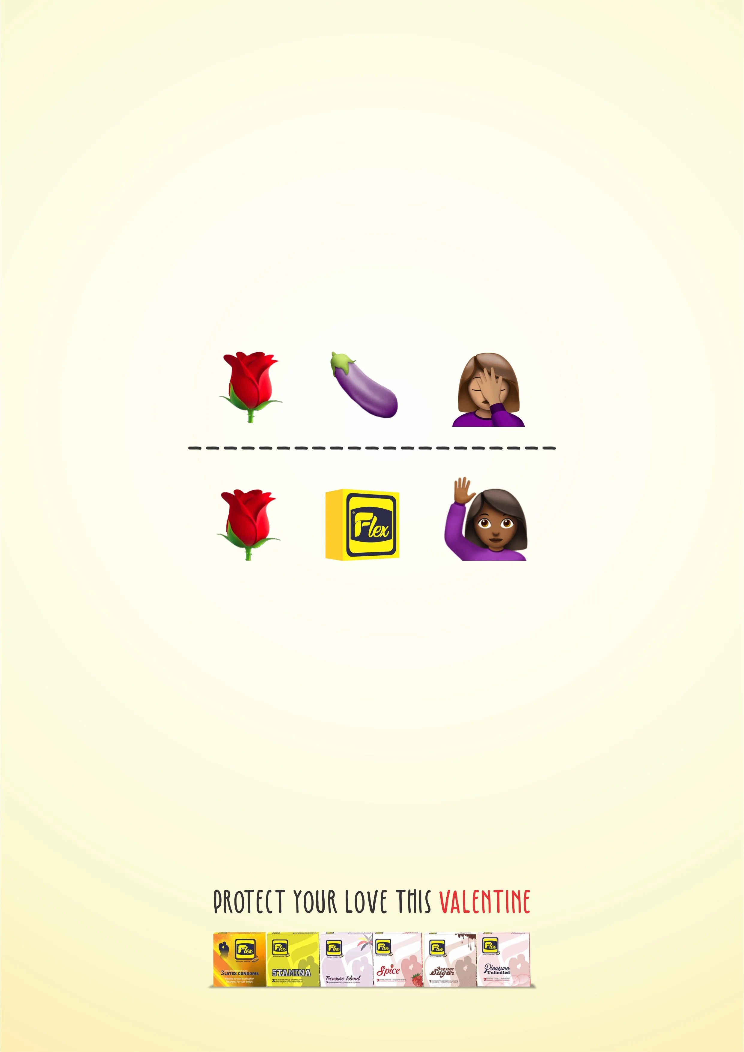 Valentine's Day health protection campaign featuring a red rose, an eggplant, and a woman facepalming, with various condom packages below and the text "Protect your love this Valentine."