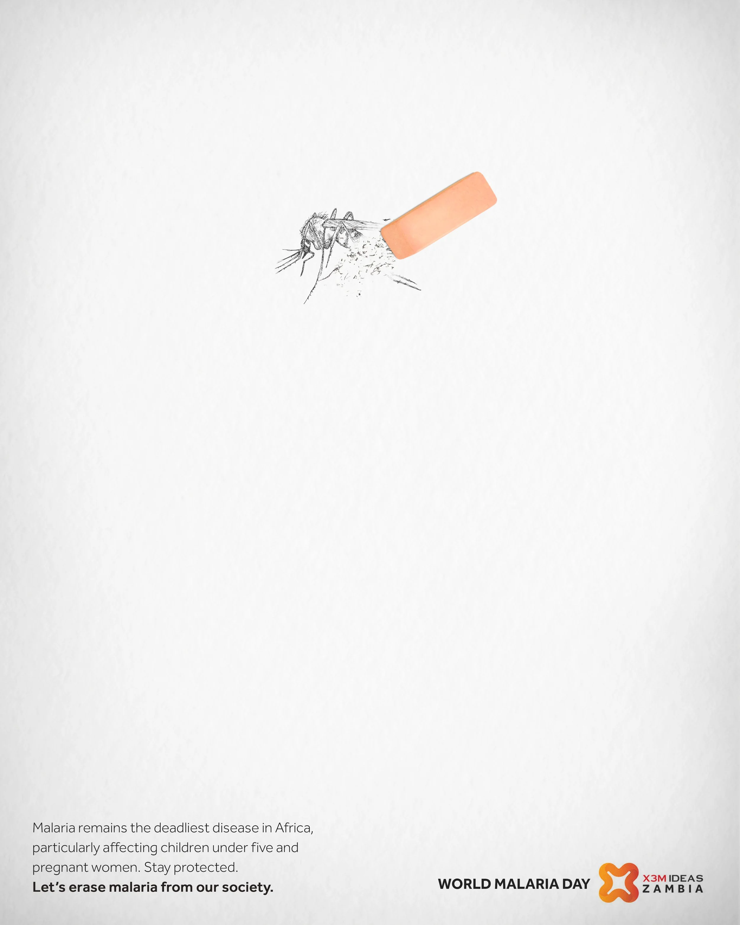 Illustration of a mosquito with a bandage on its abdomen on a white background, promoting awareness for World Malaria Day in Zambia, with a message to help eliminate malaria.