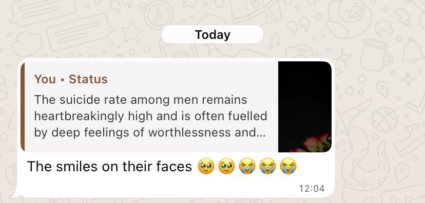 Screen capture of a WhatsApp chat with a suicide-related message and a caption about men’s facial expressions.